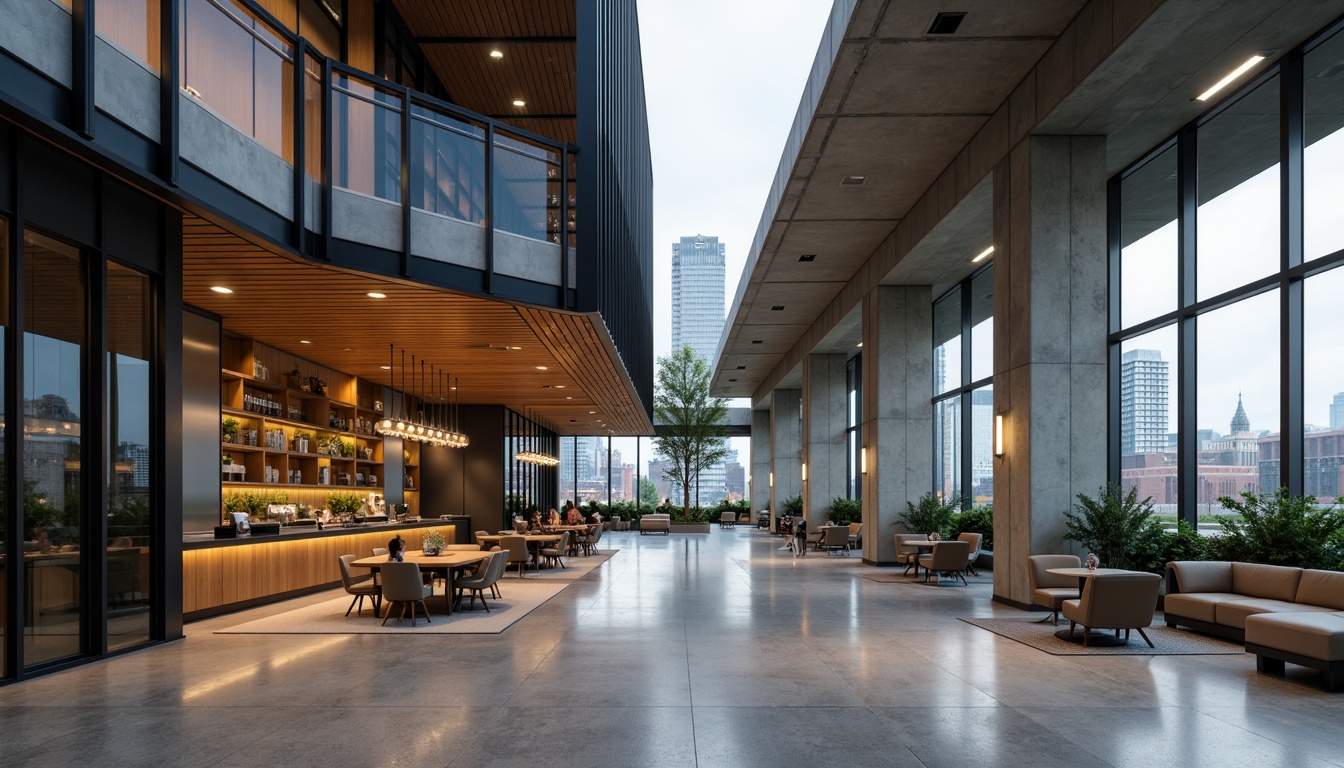 Prompt: Modernist building facade, sleek metal panels, reflective glass surfaces, minimalist concrete walls, industrial steel beams, polished chrome accents, frosted glass railings, matte black aluminum frames, reclaimed wood cladding, natural stone flooring, exposed ductwork, industrial pendant lighting, minimalist furniture, bold color blocking, geometric patterns, urban cityscape background, overcast sky, dramatic shadows, high-contrast lighting, 2/3 composition, cinematic framing, realistic textures, ambient occlusion.