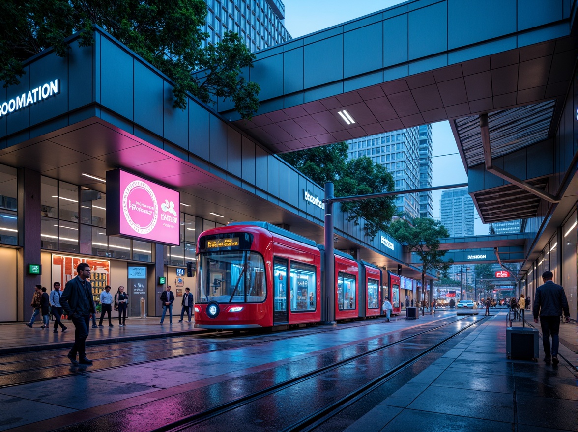 Prompt: Futuristic tram station, sleek metallic structures, neon-lit signage, vibrant color schemes, dynamic lighting effects, angular lines, minimalist design, high-contrast hues, bold typography, LED displays, stainless steel surfaces, polished glass floors, modern urban landscape, bustling city atmosphere, rainy day, soft misty lighting, shallow depth of field, 3/4 composition, panoramic view, realistic textures, ambient occlusion.