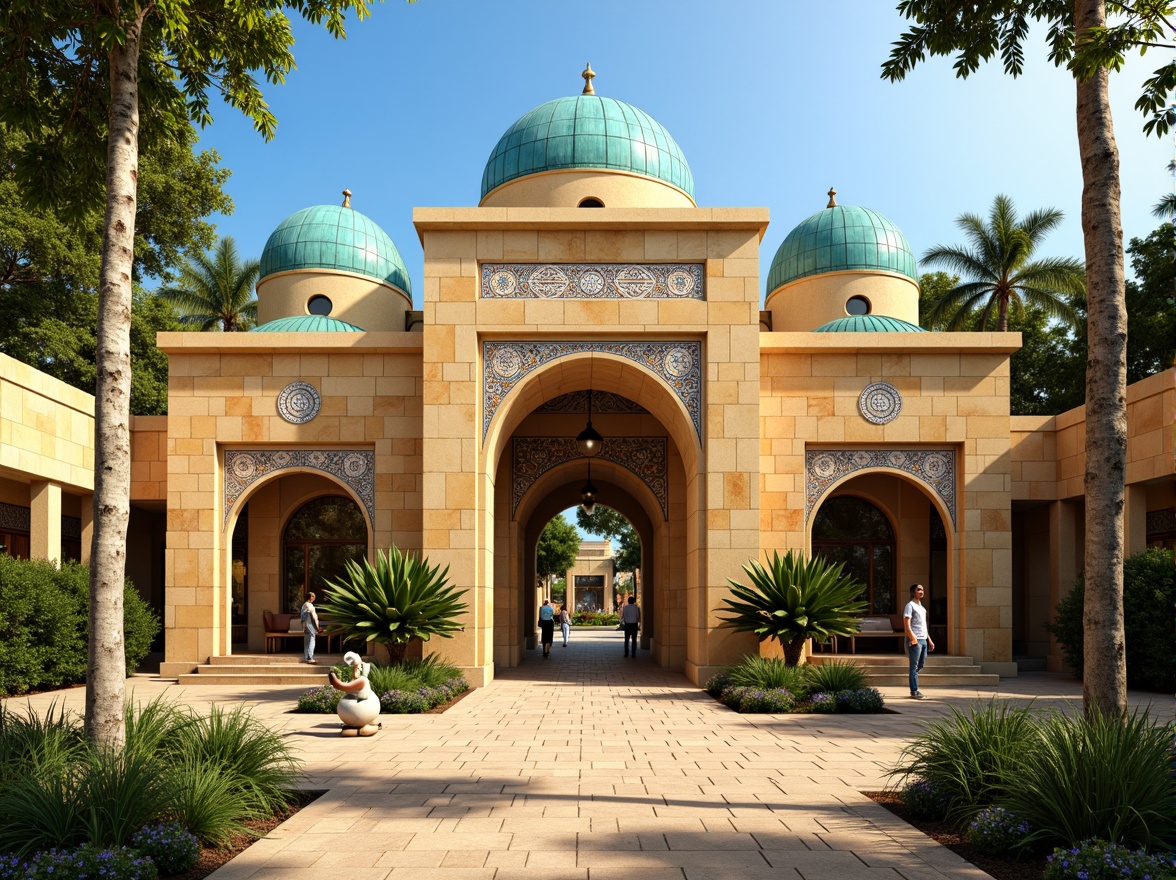 Prompt: \Majestic zoo entrance, Byzantine-inspired architecture, warm golden stone walls, ornate arches, intricate mosaics, vibrant turquoise domes, richly patterned textiles, lush greenery, exotic tropical plants, sunny day, soft natural lighting, shallow depth of field, 3/4 composition, realistic textures, ambient occlusion, warm beige pathways, rustic wooden fences, colorful animal sculptures, lively fountain features.\