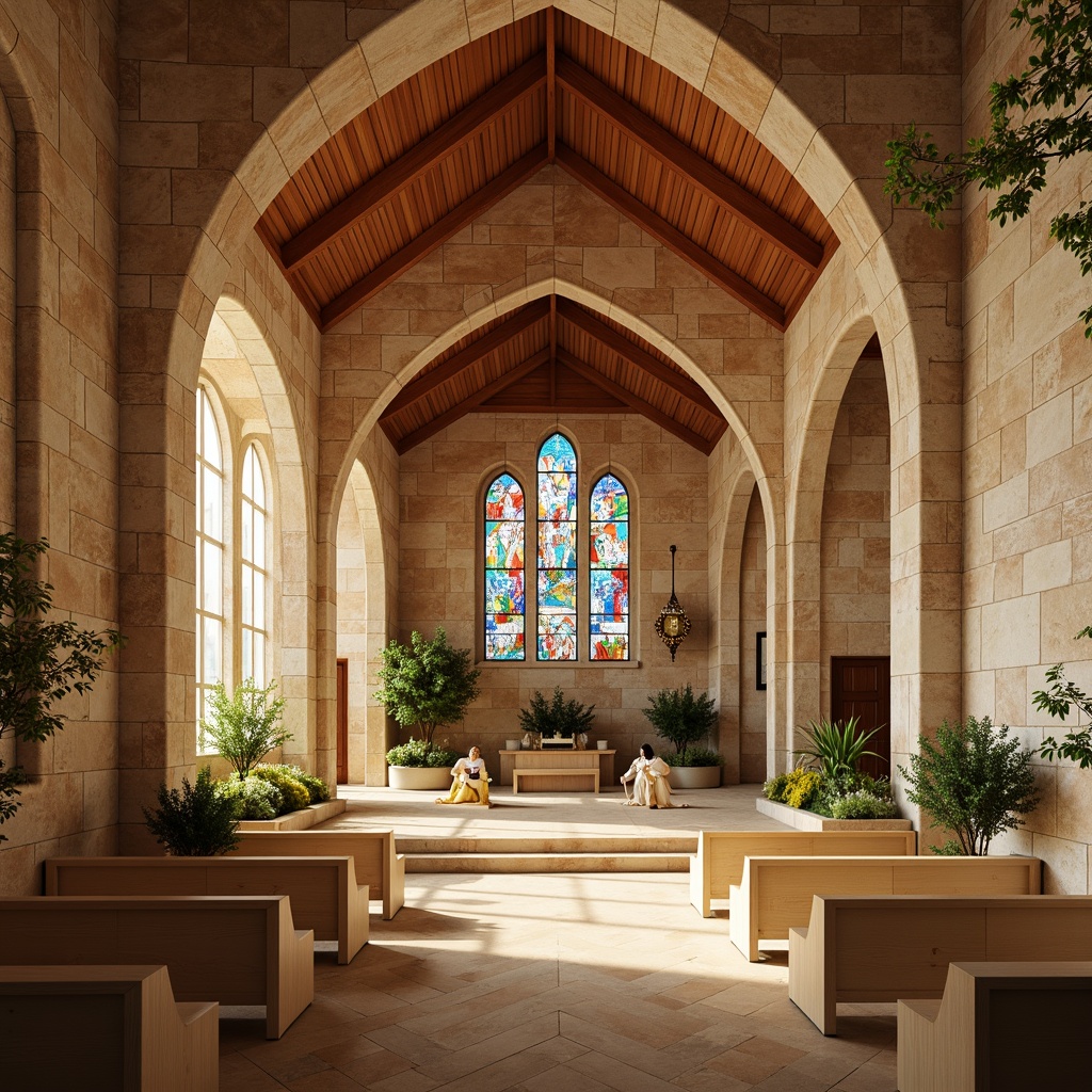 Prompt: Soothing church interior, natural stone walls, warm wood accents, stained glass windows, vibrant color palette, organic shapes, curved lines, earthy tones, soft diffused lighting, subtle shadows, cozy atmosphere, peaceful ambiance, nature-inspired motifs, botanical patterns, gentle curves, rustic textures, warm beige floors, cream-colored pews, elegant arches, serene ambiance, natural light pouring in, 1/2 composition, shallow depth of field, realistic render.