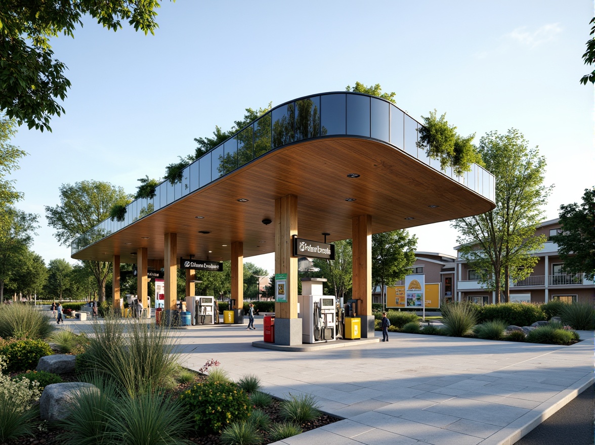 Prompt: Eco-friendly gas station, green roofs, solar panels, wind turbines, recycled metal canopies, natural stone walls, bamboo accents, low-carbon concrete floors, energy-efficient lighting systems, rainwater harvesting systems, organic landscaping, native plant species, shaded outdoor spaces, misting systems, modern minimalist architecture, curved lines, reflective glass surfaces, vibrant colorful signage, shallow depth of field, 3/4 composition, panoramic view, realistic textures, ambient occlusion.