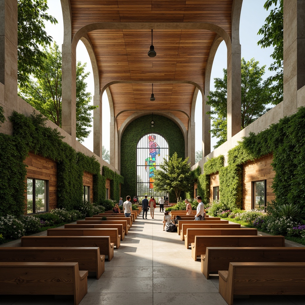 Prompt: Sustainable church design, natural stone fa\u00e7ade, living green walls, curved wooden beams, stained glass windows, organic shapes, earthy color palette, lush vegetation, serene atmosphere, soft diffused lighting, minimalist pews, reclaimed wood accents, eco-friendly materials, rainwater harvesting systems, solar panels, wind turbines, bio-inspired architecture, peaceful ambiance, shallow depth of field, 3/4 composition, panoramic view, realistic textures, ambient occlusion.