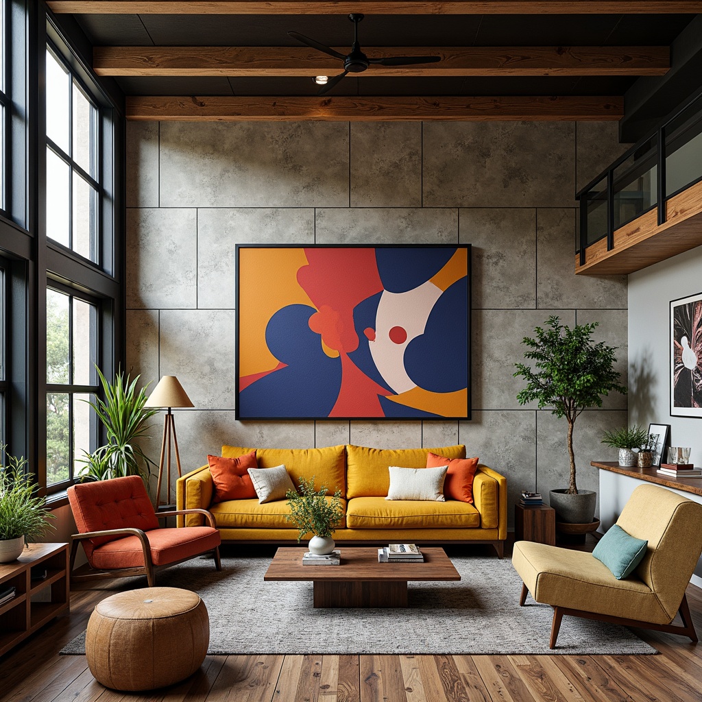 Prompt: Vibrant design studio, modern artistic space, eclectic furniture, abstract artwork, bold color accents, contrasting textures, industrial metal beams, reclaimed wood flooring, natural stone walls, oversized windows, soft diffused lighting, 3/4 composition, atmospheric perspective, realistic material finishes, subtle ambient occlusion.