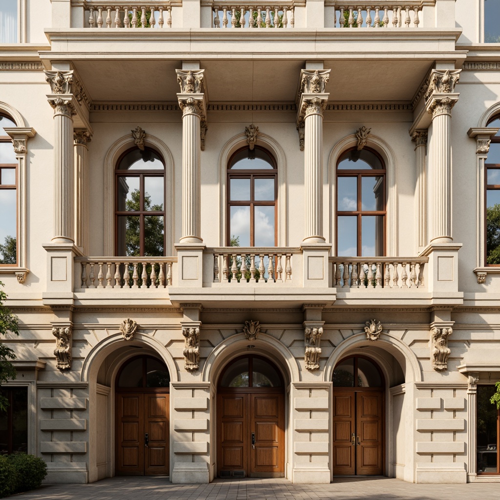 Prompt: Grand neoclassical building, ornate facade detailing, Corinthian columns, arched windows, rusticated quoins, carved stone ornaments, balustrades, symmetrical composition, richly textured walls, cream-colored limestone, subtle gradient shading, warm golden lighting, shallow depth of field, 2/3 composition, classical proportions, intricate moldings, ornate doorways, grand entrance halls.