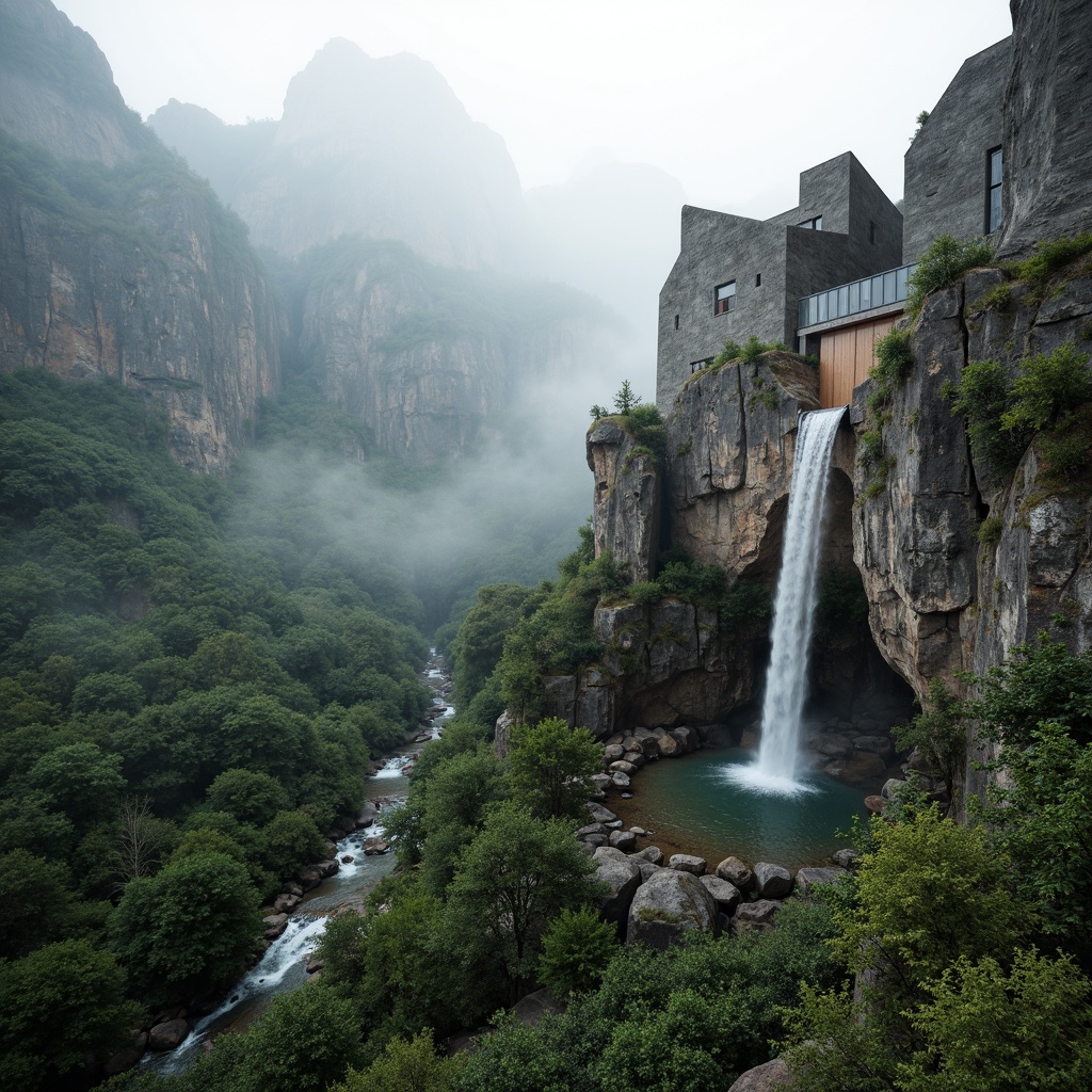 Prompt: Mountainous terrain, rugged cliffs, serene waterfalls, lush green forests, meandering rivers, structuralist architecture, brutalist concrete buildings, geometric shapes, angular lines, minimalist design, industrial materials, raw textures, earthy tones, natural stone walls, wooden accents, cantilevered roofs, panoramic views, 1/1 composition, high-contrast lighting, dramatic shadows, atmospheric fog, misty ambiance.