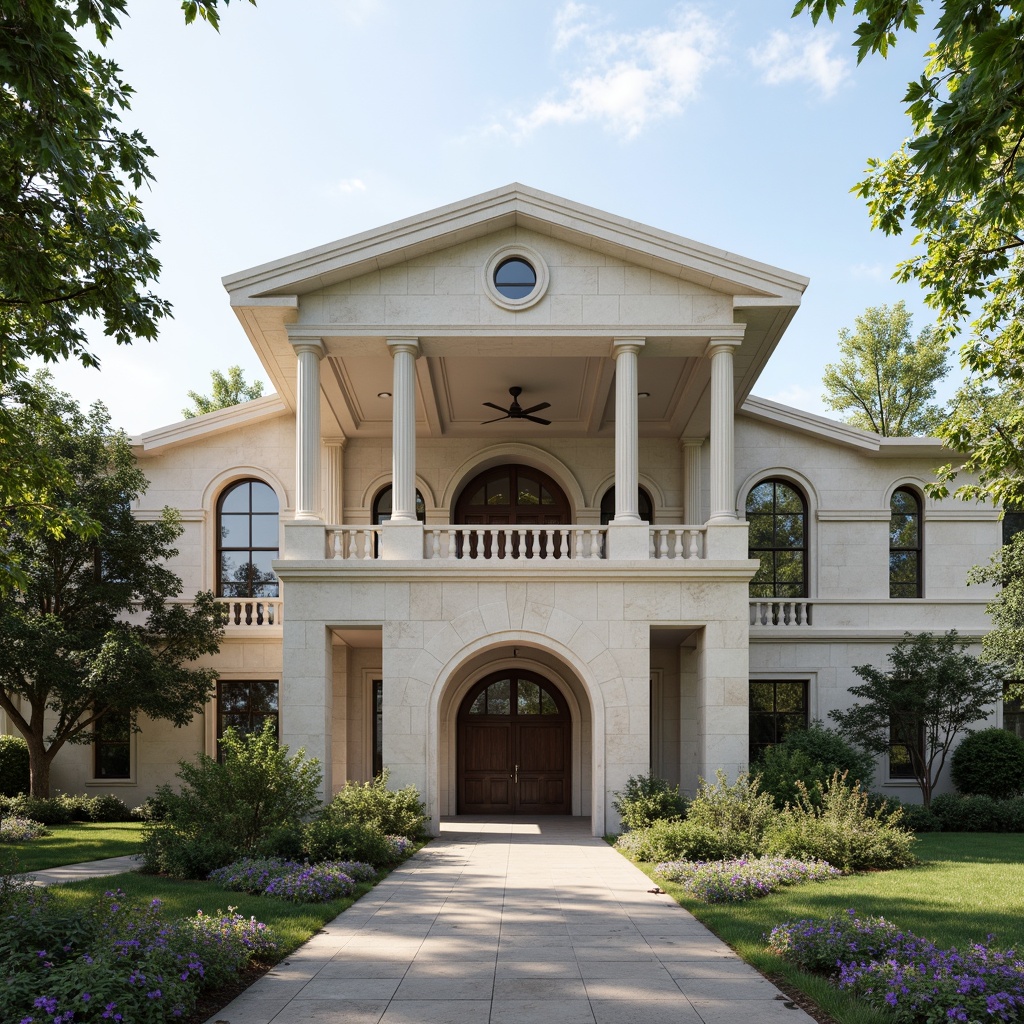 Prompt: Grand healthcare center, classicism style, symmetrical facade, columns and arches, ornate details, neutral color palette, stone cladding, large windows, elegant entrance, wheelchair accessibility, lush greenery, calm atmosphere, soft natural lighting, subtle shading, 1/2 composition, realistic textures, ambient occlusion.