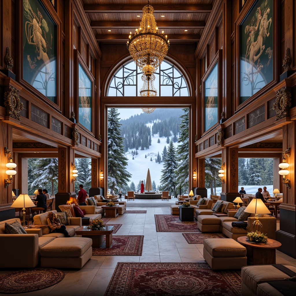 Prompt: Luxurious ski center, Byzantine-inspired architecture, intricately carved wooden doors, ornate golden fixtures, grandiose chandeliers, richly patterned textiles, majestic stone columns, regal archways, opulent furnishings, lavish decorations, snow-capped mountains, frosty winter air, powdery slopes, serene forest surroundings, warm candlelight, cozy fireplaces, dramatic shadows, cinematic lighting, high-angle shots, ornate metalwork, detailed frescoes, vibrant mosaic tiles, intricate stone carvings.