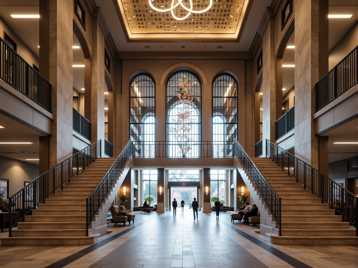 Prompt: Grand courthouse entrance, imposing stone columns, ornate metal gates, fusion of modern and classical styles, symmetrical fa\u00e7ade, central clock tower, open plaza, pedestrian walkways, natural stone flooring, grand staircase, high ceilings, decorative moldings, large windows, ample natural light, sophisticated LED lighting, minimalist furniture, sleek metal railings, abstract artwork, functional layout, efficient circulation paths, 1/2 composition, shallow depth of field, warm color scheme, inviting atmosphere.