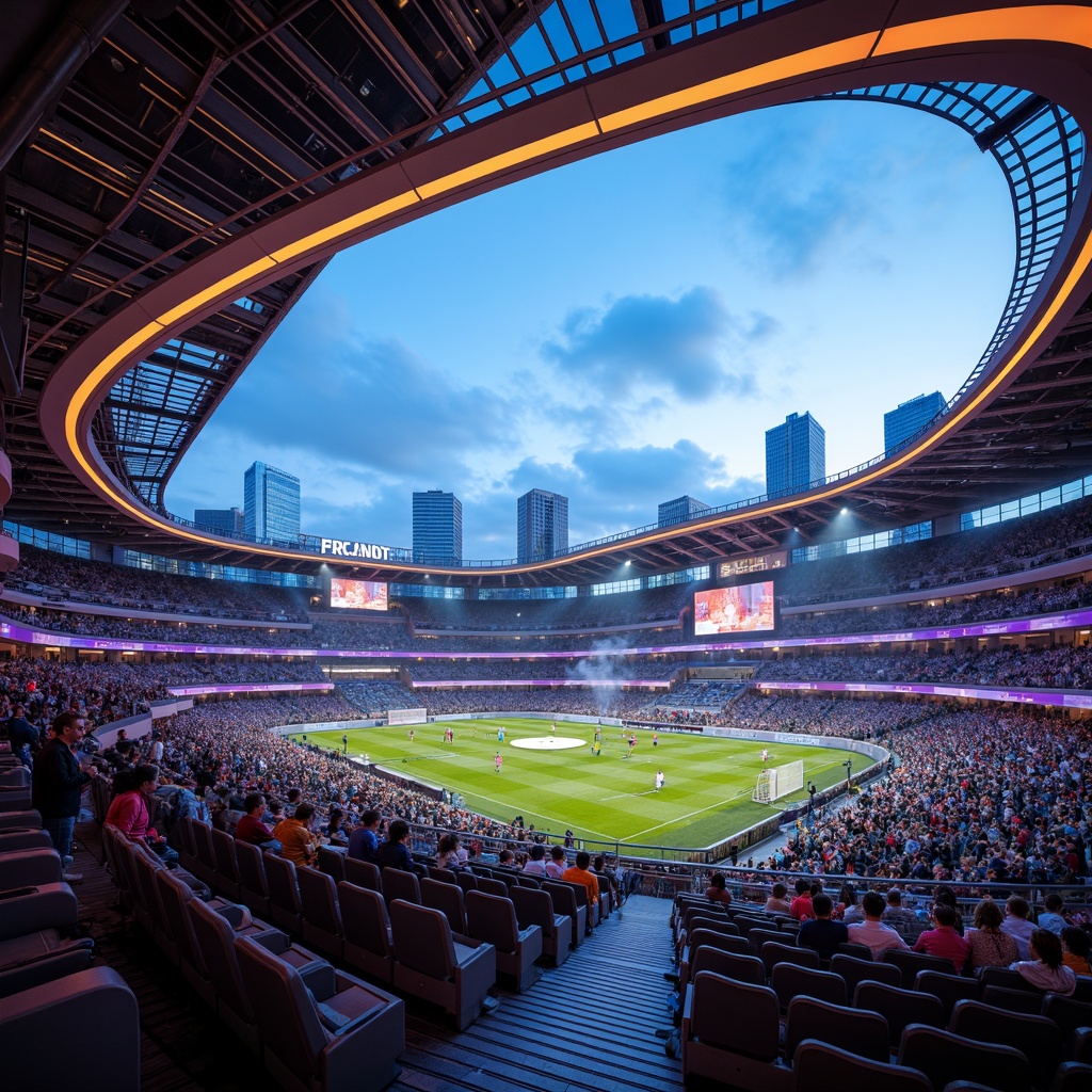 Prompt: Futuristic soccer stadium, curved lines, dynamic architecture, vibrant neon lights, tiered seating, premium VIP areas, modern ergonomic chairs, sleek metal railings, transparent glass barriers, high-tech scoreboards, immersive audio systems, atmospheric misting effects, panoramic cityscape views, shallow depth of field, 1/2 composition, realistic crowd simulations, ambient occlusion.