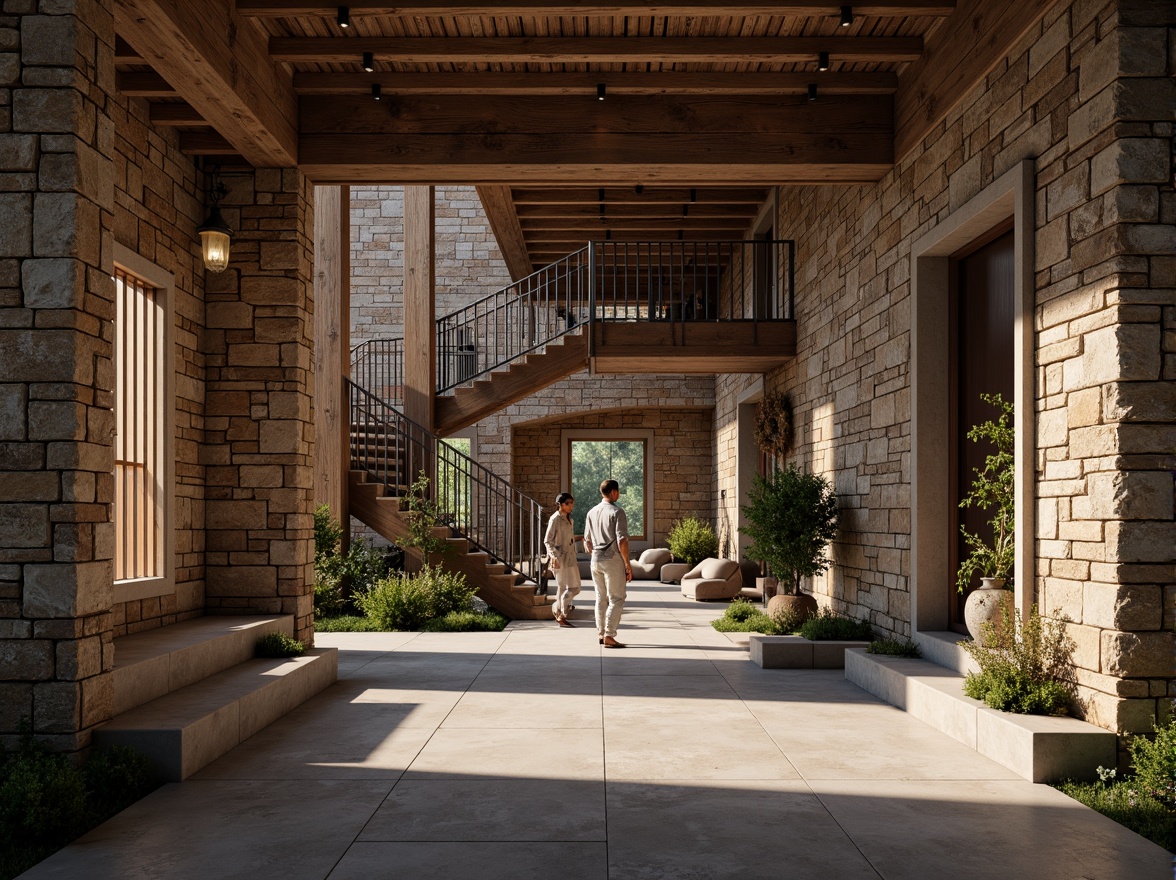 Prompt: Rustic stone walls, weathered wood accents, rough-hewn concrete floors, ornate metal railings, tactile brick facades, natural stone cladding, earthy tone color palette, organic forms, curved lines, intricate carvings, detailed moldings, ambient occlusion, high-contrast lighting, dramatic shadows, 3D modeling, realistic rendering, atmospheric perspective, one-point perspective composition.