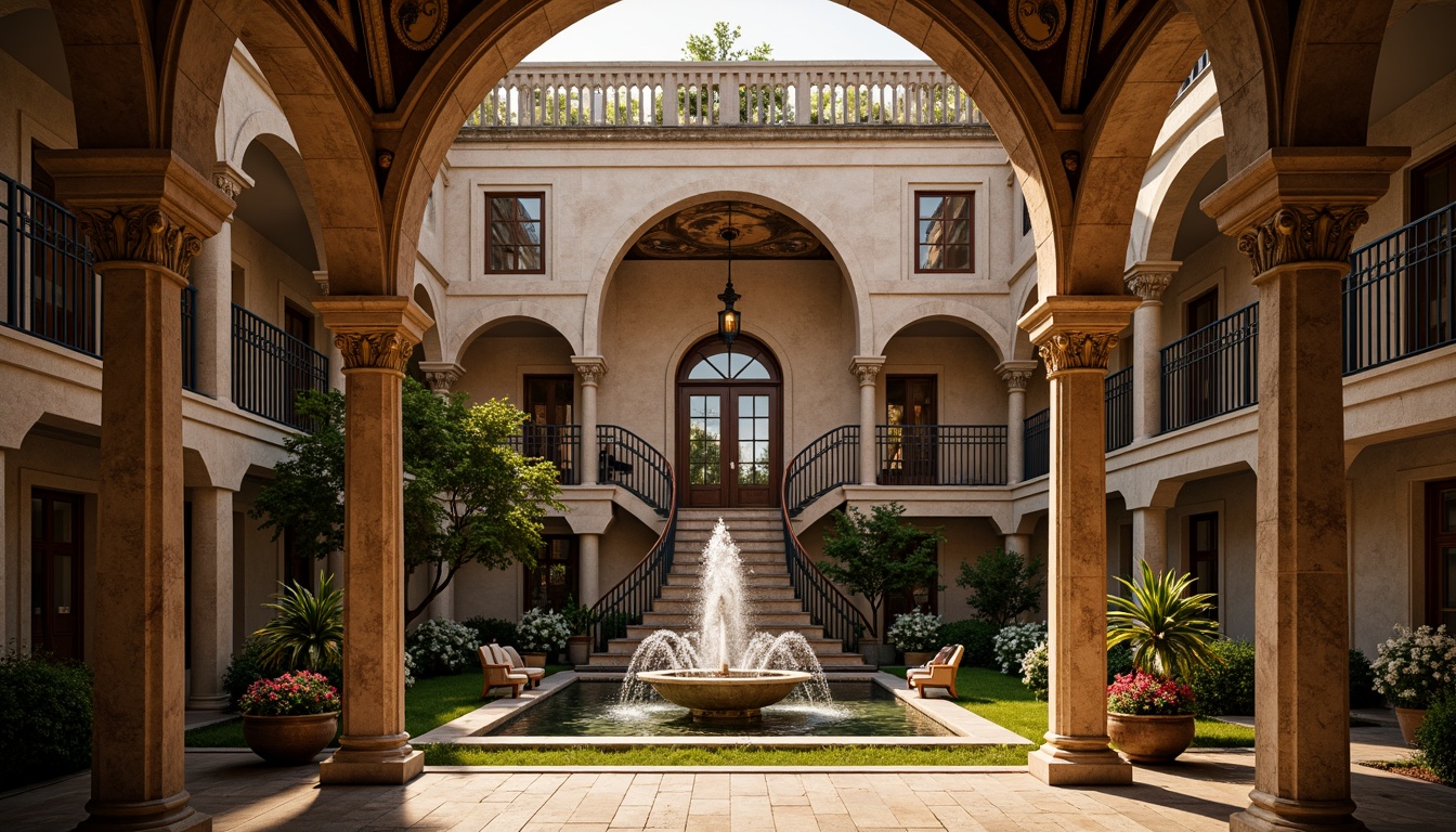 Prompt: Ornate column capitals, grandiose archways, richly textured stone walls, opulent gold decorations, intricately carved wooden details, majestic staircase designs, dramatic chiaroscuro lighting, lavish fresco ceilings, ornamental fountain features, vibrant flower arrangements, picturesque courtyard settings, warm golden hour illumination, 1/2 composition, symmetrical framing, high-contrast rendering, detailed architectural textures.