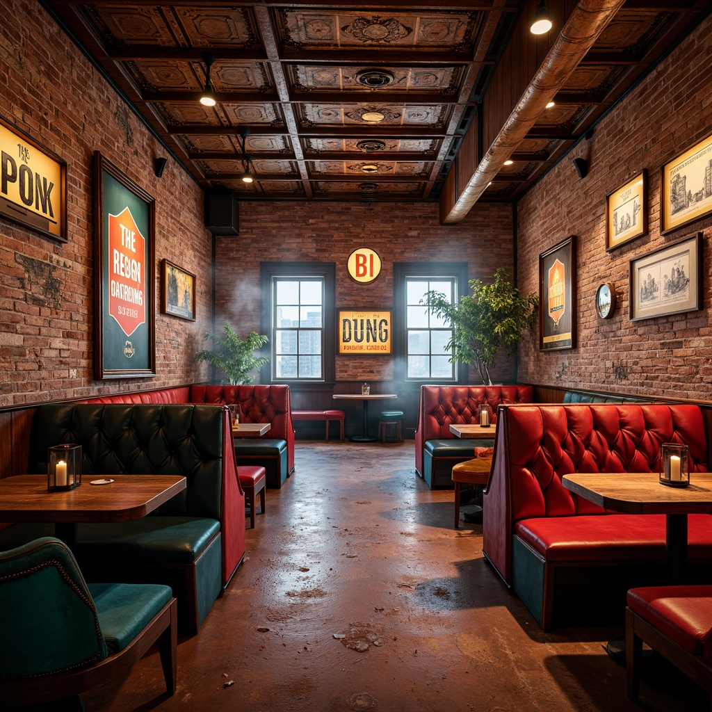 Prompt: Retro-futuristic pub, distressed brick walls, worn wooden floors, vintage metal signs, ornate plaster ceilings, eclectic furniture, bold colorful patterns, rich velvet fabrics, metallic accents, neon lighting, atmospheric smoke effects, shallow depth of field, 1/1 composition, realistic textures, ambient occlusion.