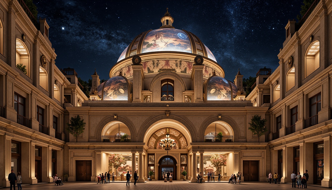 Prompt: Renaissance-inspired planetarium facade, celestial body-shaped domes, ornate stone carvings, gilded accents, grand entrance archways, symmetrical composition, majestic columns, intricate frescoes, starry night sky projections, soft warm lighting, dramatic spotlights, 1/1 perspective, high contrast ratios, realistic atmospheric effects, ambient occlusion.