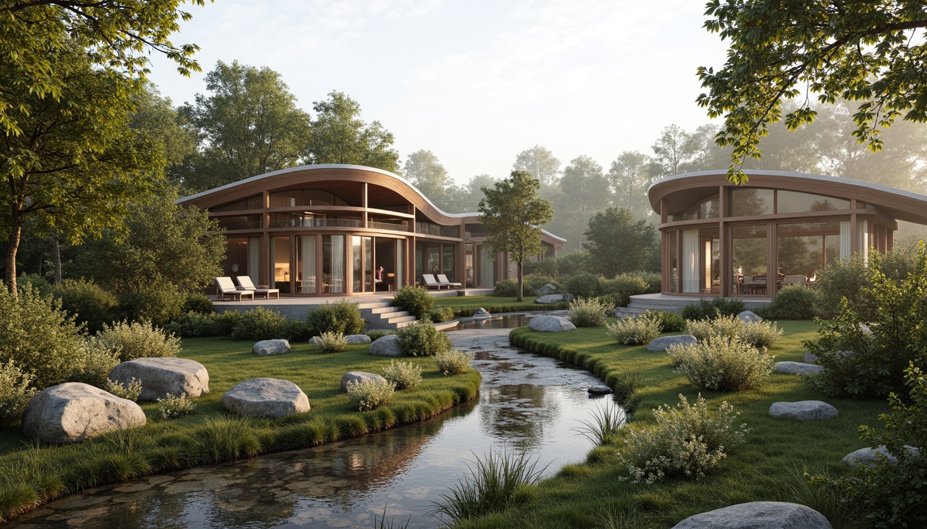 Prompt: Seamless site integration, organic architecture, curved lines, blending boundaries, natural stone walls, green roofs, native vegetation, wildflower meadows, serene water features, rippling streams, wooden decks, cantilevered overhangs, floor-to-ceiling windows, sliding glass doors, soft natural lighting, warm earthy tones, 1/2 composition, atmospheric perspective, misty morning ambiance, subtle texture details.