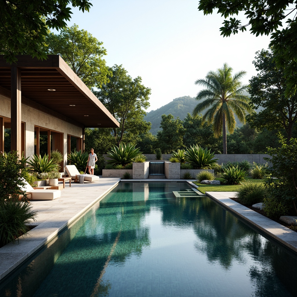 Prompt: Sustainable pool design, eco-friendly materials, recycled glass tiles, natural stone coping, saltwater system, energy-efficient pumps, solar-powered heating, green roofs, lush vegetation, tropical plants, serene water features, gentle waterfall, soft warm lighting, shallow depth of field, 3/4 composition, panoramic view, realistic textures, ambient occlusion.