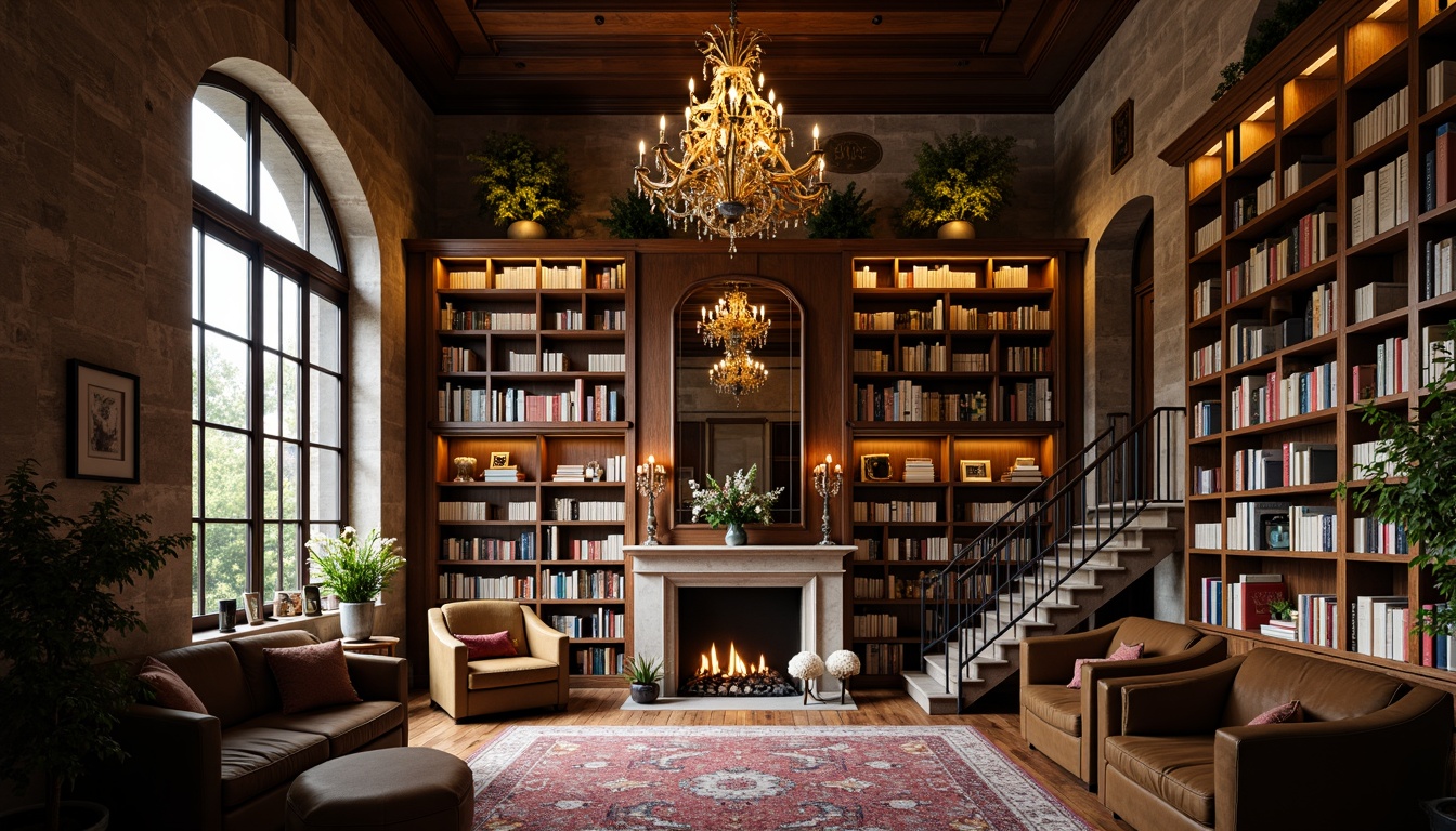 Prompt: Cozy reading nook, warm wooden shelves, leather-bound books, comfortable armchairs, soft cushioning, rustic wood flooring, elegant chandeliers, high ceilings, natural stone walls, classic academic decor, sophisticated color palette, earthy tones, rich textures, subtle lighting, dramatic archways, grand staircases, ornate metal railings, vintage-inspired furniture, plush area rugs, peaceful atmosphere, shallow depth of field, 1/1 composition, warm softbox lighting, realistic reflections.