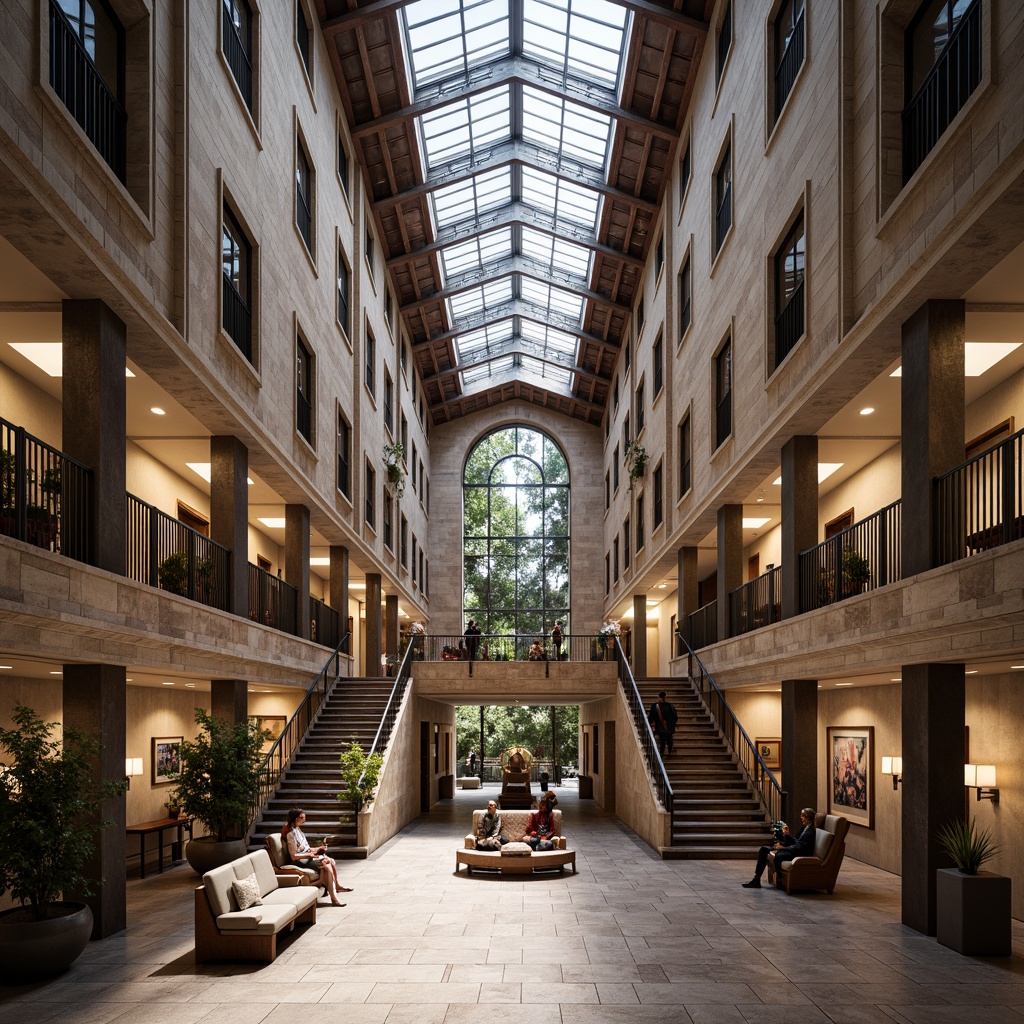 Prompt: Historic courthouse, neoclassical fa\u00e7ade, granite foundation, marble columns, ornate details, fusion architecture, modern glass atrium, steel beams, wooden accents, natural stone walls, sleek metal railings, grand staircase, high ceilings, open floor plan, abundant natural light, soft warm illumination, shallow depth of field, 3/4 composition, realistic textures, ambient occlusion.