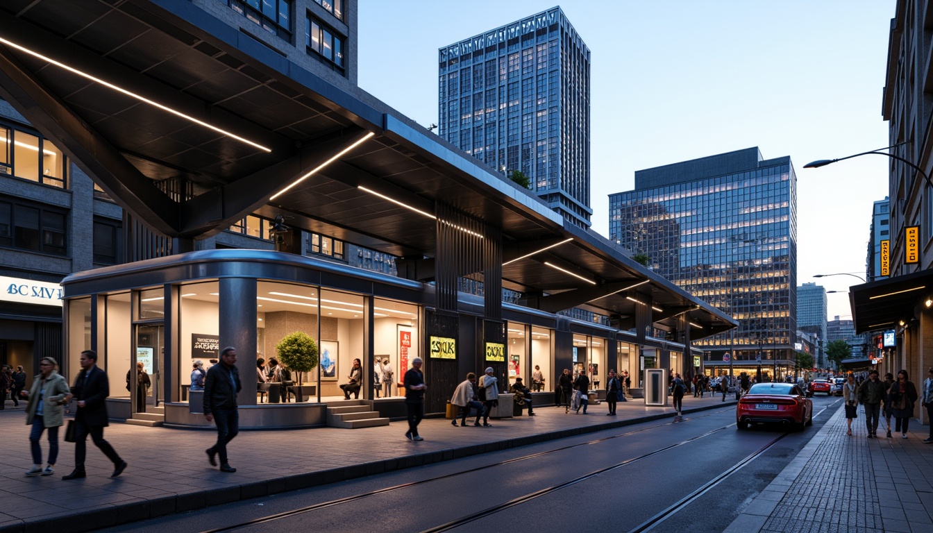 Prompt: Futuristic tram station, sleek metal fa\u00e7ade, neon-lit signage, LED light strips, angular lines, minimalist design, high-tech materials, glass and steel structure, cantilevered roofs, dynamic curves, urban cityscape, busy streets, morning rush hour, soft natural lighting, shallow depth of field, 1/2 composition, wide-angle lens, realistic reflections, ambient occlusion.