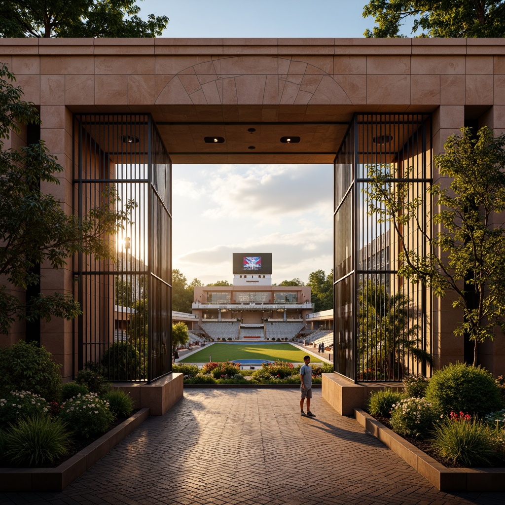 Prompt: Geometric football stadium, art deco architecture, ornate metal gates, vibrant tropical plants, palm trees, herringbone brick patterns, symmetrical gardens, sunken seating areas, curved staircases, luxurious VIP suites, retro-style scoreboards, geometric-shaped pools, fountain shows, warm golden lighting, dramatic spotlights, low-angle camera views, cinematic composition, high-contrast textures, ambient shadows.Please let me know if this meets your requirements!