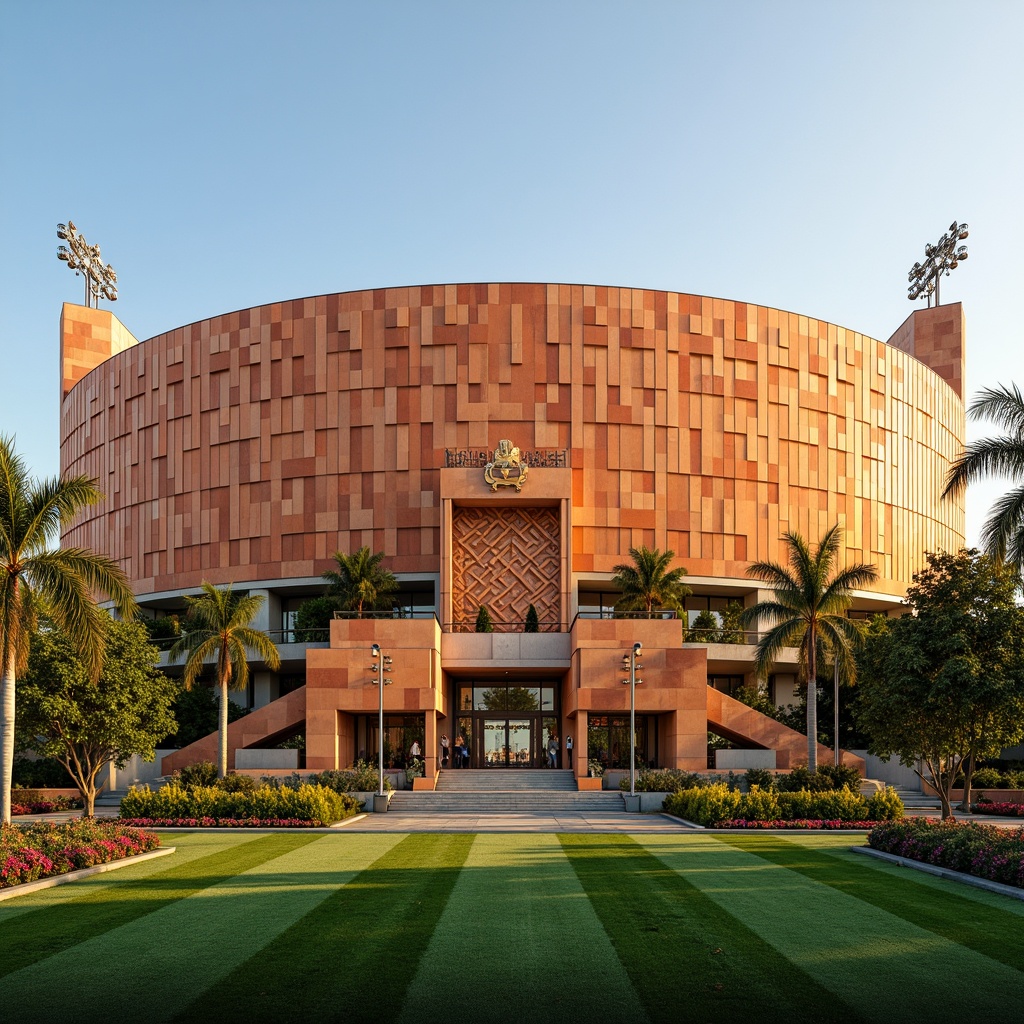 Prompt: Geometric football stadium, ornate Art Deco fa\u00e7ade, sun-kissed terracotta walls, curved lines, zigzag patterns, metallic accents, lush green lawns, vibrant flower beds, palm trees, tropical landscaping, grand entrance gates, sleek lamp posts, symmetrical walkways, luxurious VIP areas, retro-style signage, warm golden lighting, shallow depth of field, 1/2 composition, panoramic view, realistic textures, ambient occlusion.