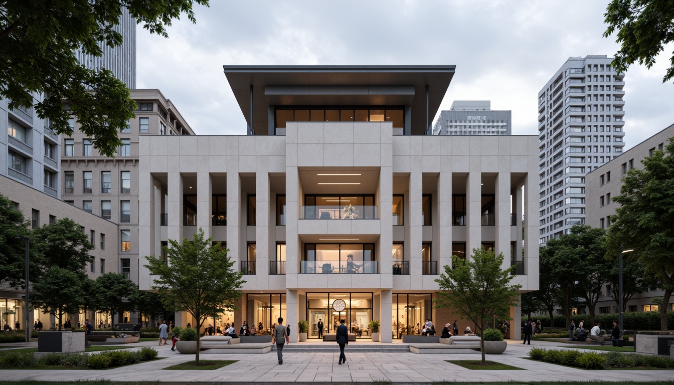 Prompt: Grand courthouse entrance, neoclassical columns, ornate stone carvings, symmetrical facade, fusion of modern and traditional styles, sleek glass atrium, cantilevered rooflines, subtle LED lighting, natural stone flooring, polished wood accents, high ceilings, grand staircase, formal courtroom settings, judges' benches, witness stands, legal libraries, abstract sculptures, large clocks, formal landscaping, manicured lawns, walking paths, urban surroundings, cloudy day, softbox lighting, 1/1 composition, realistic materials, ambient occlusion.