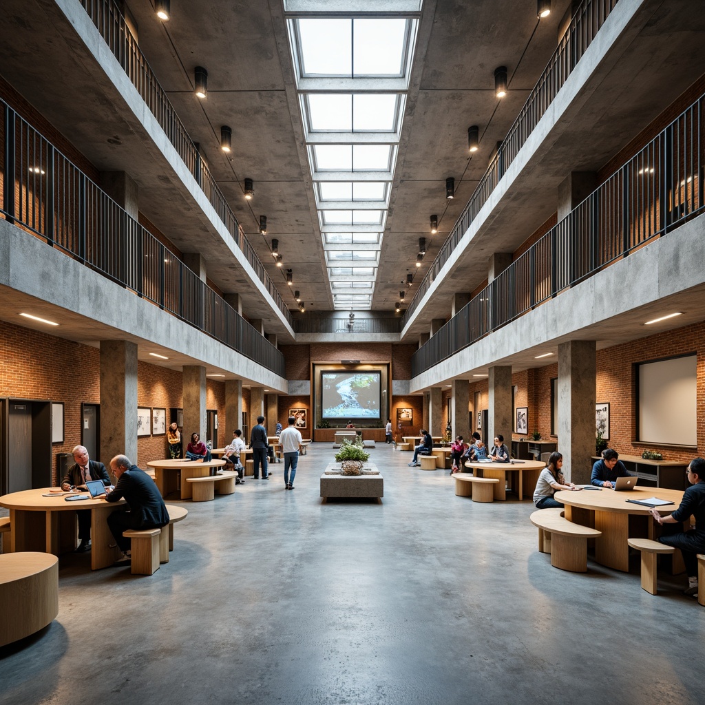 Prompt: Rustic high school building, exposed concrete walls, steel frames, wooden accents, industrial-style lighting fixtures, polished metal railings, earthy tone brick facades, modern minimalist interior design, open-plan classrooms, collaborative workspaces, educational displays, interactive whiteboards, natural ventilation systems, abundant daylighting, shallow depth of field, 1/1 composition, realistic textures, ambient occlusion.