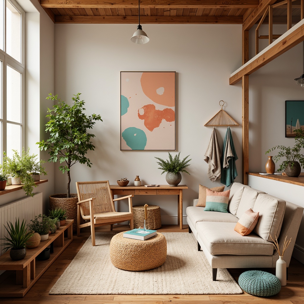 Prompt: Vibrant art studio, eclectic furniture, abstract artwork, pastel color scheme, soft peach tones, muted turquoise hues, creamy whites, rich wood accents, natural textiles, cozy atmosphere, warm golden lighting, shallow depth of field, 1/1 composition, realistic textures, ambient occlusion.