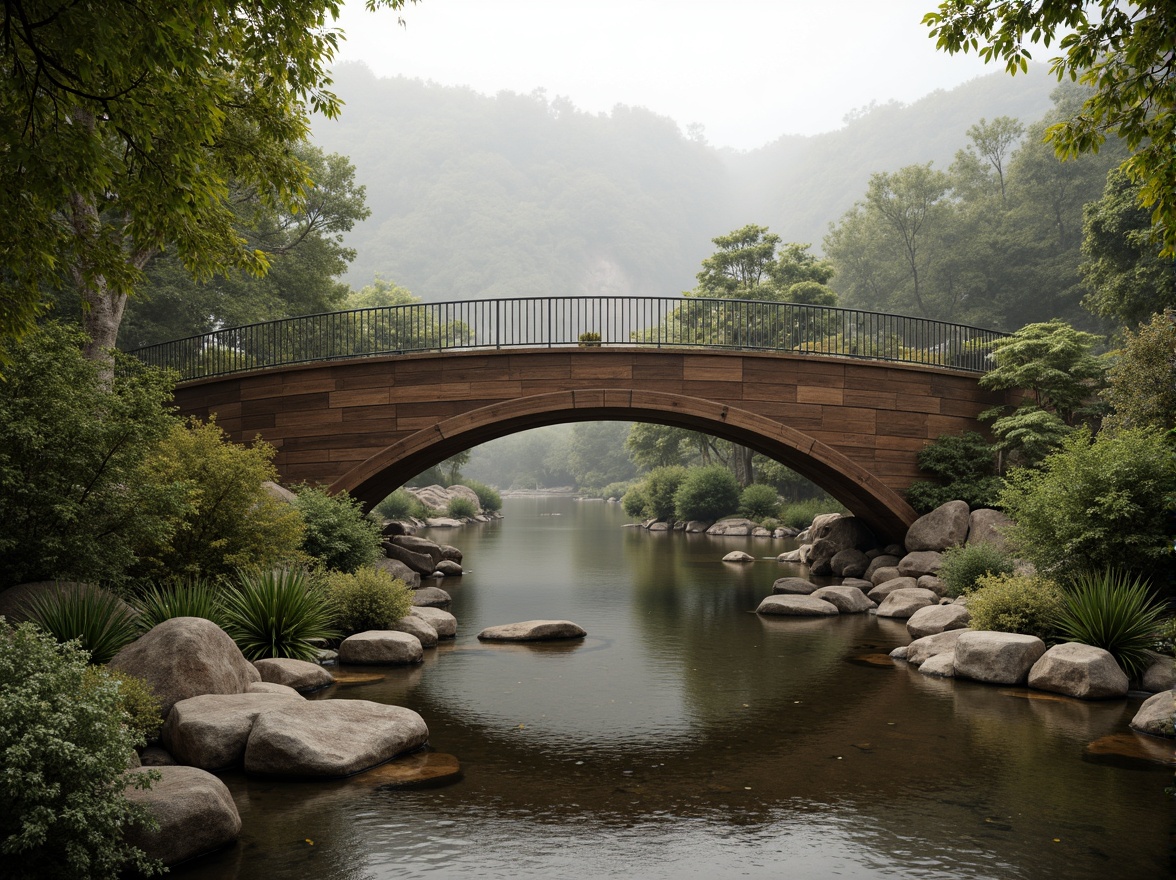 Prompt: Earth-toned bridge, natural stone foundation, wooden accents, green roofs, living walls, organic curves, flowing lines, blended boundaries, riverside setting, lush vegetation, misty atmosphere, soft warm lighting, shallow depth of field, 1/1 composition, realistic textures, ambient occlusion, serene ambiance, eco-friendly materials, sustainable design, harmonious integration.