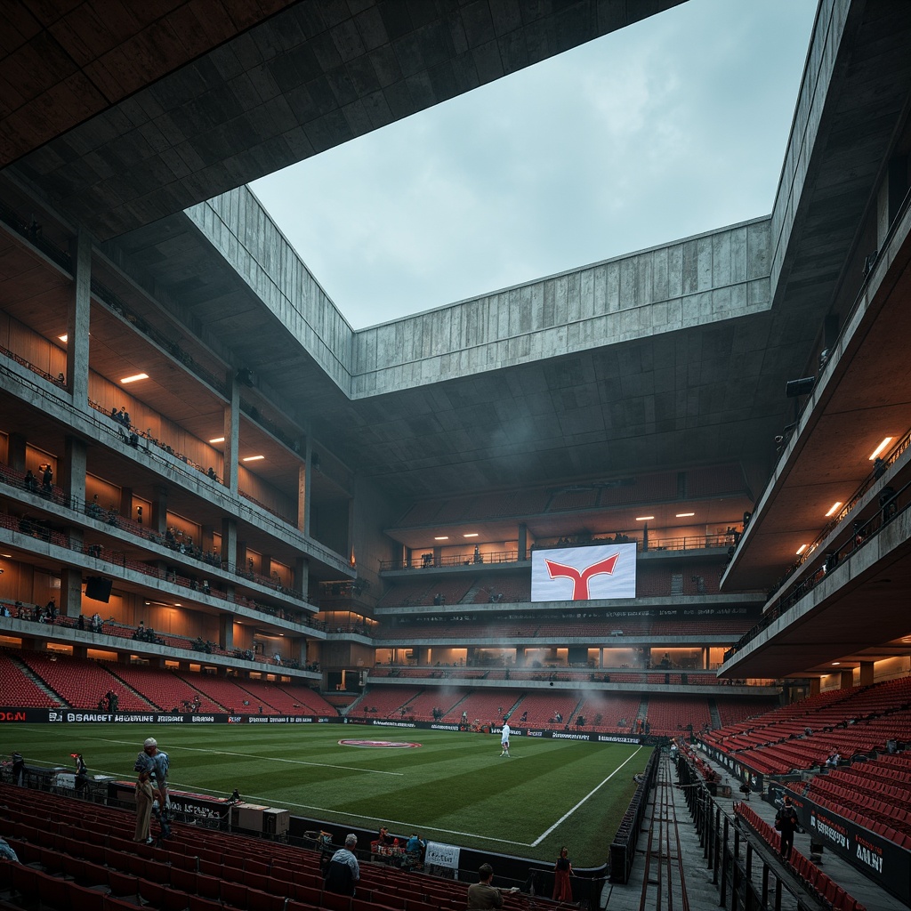 Prompt: Rugged brutalist stadium, exposed concrete structures, industrial metal beams, weathered steel surfaces, raw unfinished textures, dramatic monochromatic color scheme, muted earthy tones, bold graphic accents, vibrant neon lights, atmospheric foggy day, moody warm lighting, low-key shadows, 1/1 composition, cinematic view, gritty realistic materials, subtle ambient occlusion.