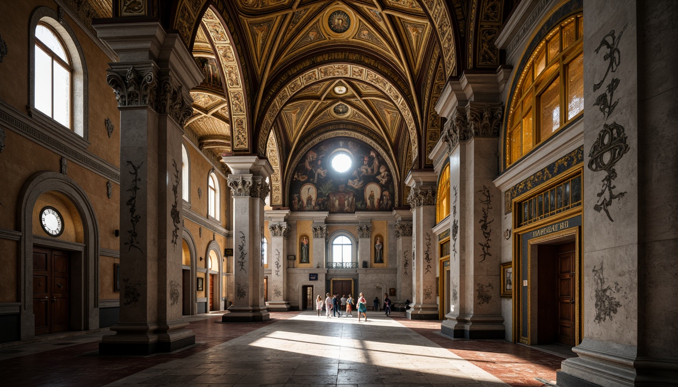 Prompt: Majestic Byzantine cathedral, grand arches, intricate stone carvings, ornate marble columns, golden mosaics, vaulted ceilings, sacred religious icons, elaborate frescoes, ornamental friezes, subtle natural lighting, dramatic shadows, 3/4 composition, atmospheric perspective, realistic textures, ambient occlusion.