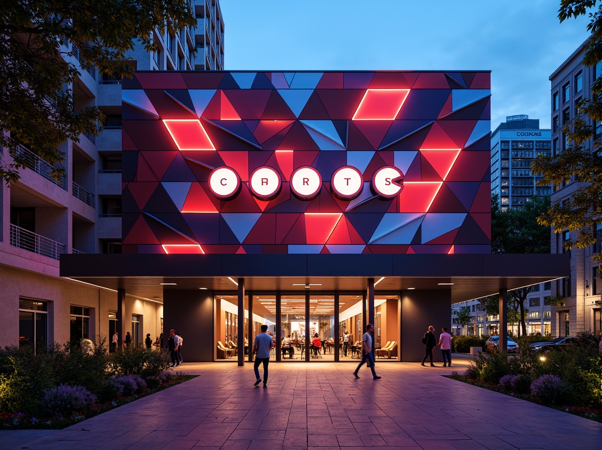 Prompt: Vibrant music venue, abstract geometric facade, bold neon lights, rhythmic LED displays, minimalist metallic surfaces, industrial chic atmosphere, exposed ductwork, polished concrete floors, avant-garde architectural details, dynamic angular lines, futuristic entrance canopy, urban cityscape backdrop, warm evening ambiance, softbox lighting, shallow depth of field, 1/2 composition, wide-angle lens capture, realistic reflections, ambient occlusion.