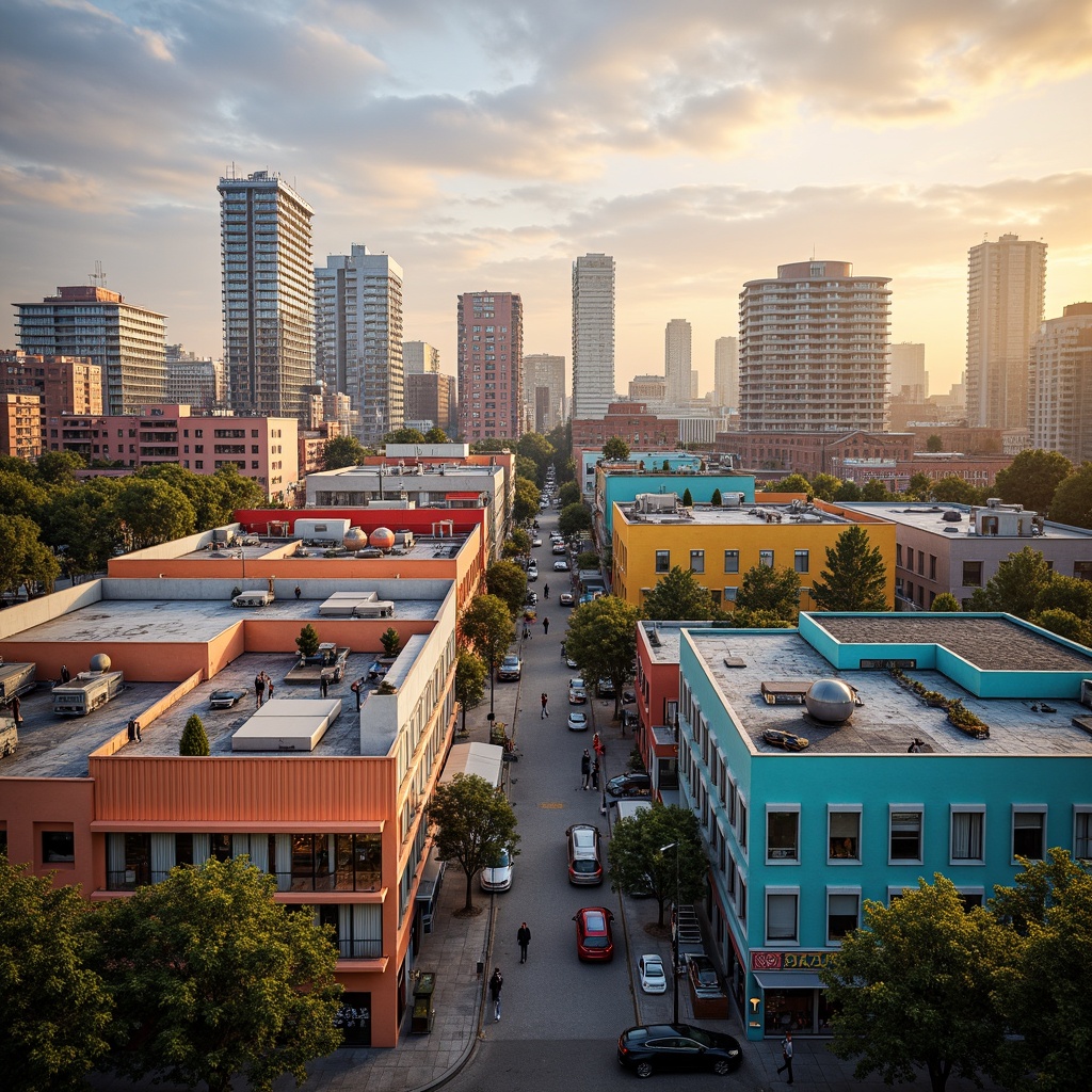 Prompt: Vibrant cityscape, urban skyscrapers, colorful facades, eclectic rooftops, modern architectural styles, mixed-use developments, pedestrian-friendly streets, tree-lined sidewalks, dynamic street art, graffiti murals, neon signage, warm golden lighting, soft sunset hues, shallow depth of field, 2/3 composition, symmetric framing, realistic textures, ambient occlusion, bold color blocking, contrasting neutral tones, analogous pastel shades.