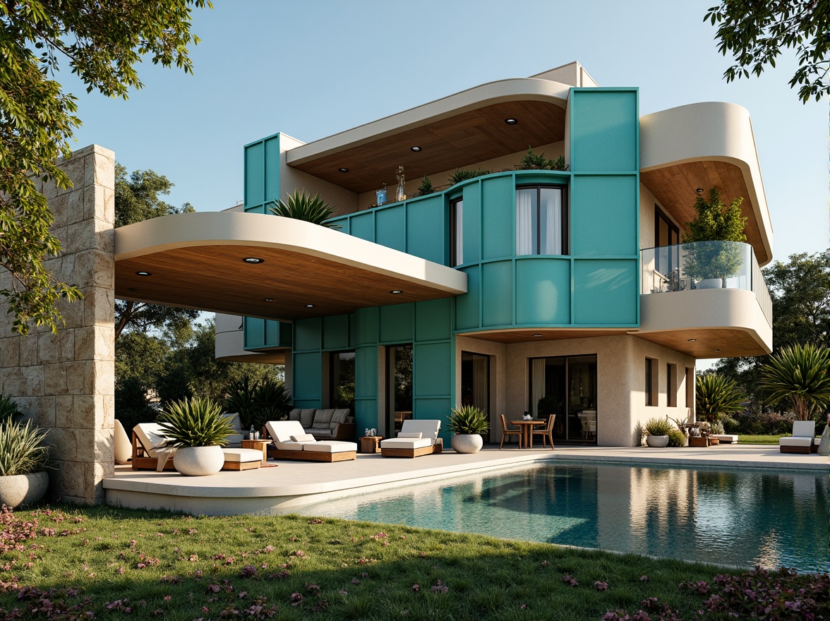 Prompt: Curved villa facade, bold color blocking, irregular shapes, fragmented forms, multiple layers, ornate decorations, eclectic mix of materials, rustic stone walls, smooth glass surfaces, metallic accents, vibrant turquoise hues, warm beige tones, lush greenery, overhanging eaves, asymmetrical composition, dramatic shadows, soft natural lighting, 1/1 aspect ratio, high-contrast textures, subtle ambient occlusion.