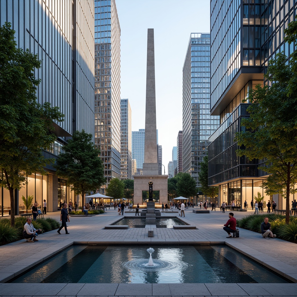 Prompt: Vibrant commercial district, modern memorial center, sleek glass facade, solemn monument, urban skyscrapers, bustling streets, neon lights, pedestrian walkways, landscaped plazas, water features, abstract sculptures, granite paving, urban furniture, street performers, afternoon sunlight, soft shadows, shallow depth of field, 2/3 composition, symmetrical framing, realistic textures, ambient occlusion.