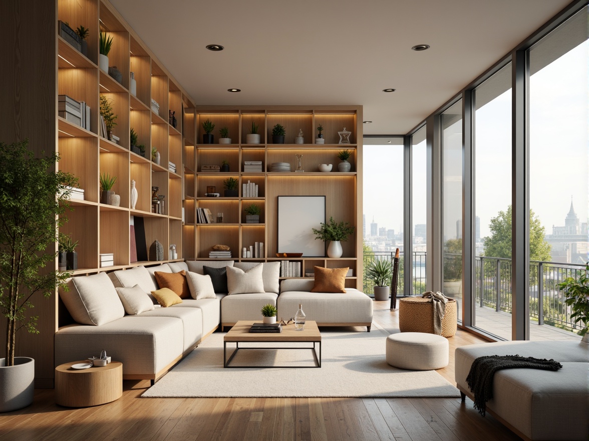 Prompt: Compact living room, minimal decor, functional furniture, space-saving shelves, built-in storage units, multi-functional sofa beds, sleek coffee tables, efficient lighting systems, floor-to-ceiling windows, natural wood accents, modern minimalist design, calm color palette, soft warm lighting, shallow depth of field, 1/1 composition, realistic textures, ambient occlusion.