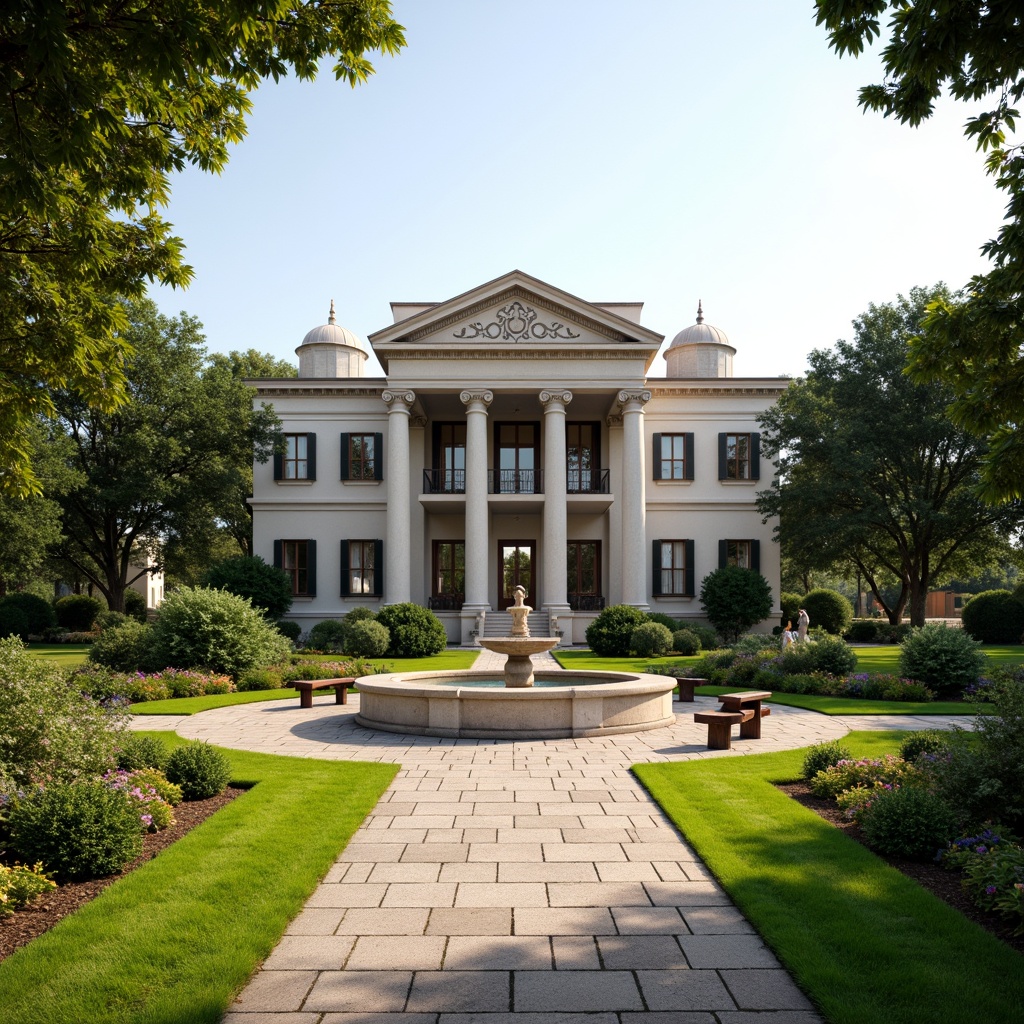 Prompt: Grand neoclassical mansion, symmetrical fa\u00e7ade, ornate columns, carved stone details, manicured lawns, blooming flowerbeds, serene fountain, walking paths, lush greenery, mature trees, natural stone walls, rustic benches, classical statues, subtle lighting, warm sunny day, soft focus, shallow depth of field, 1/1 composition, realistic textures, ambient occlusion.