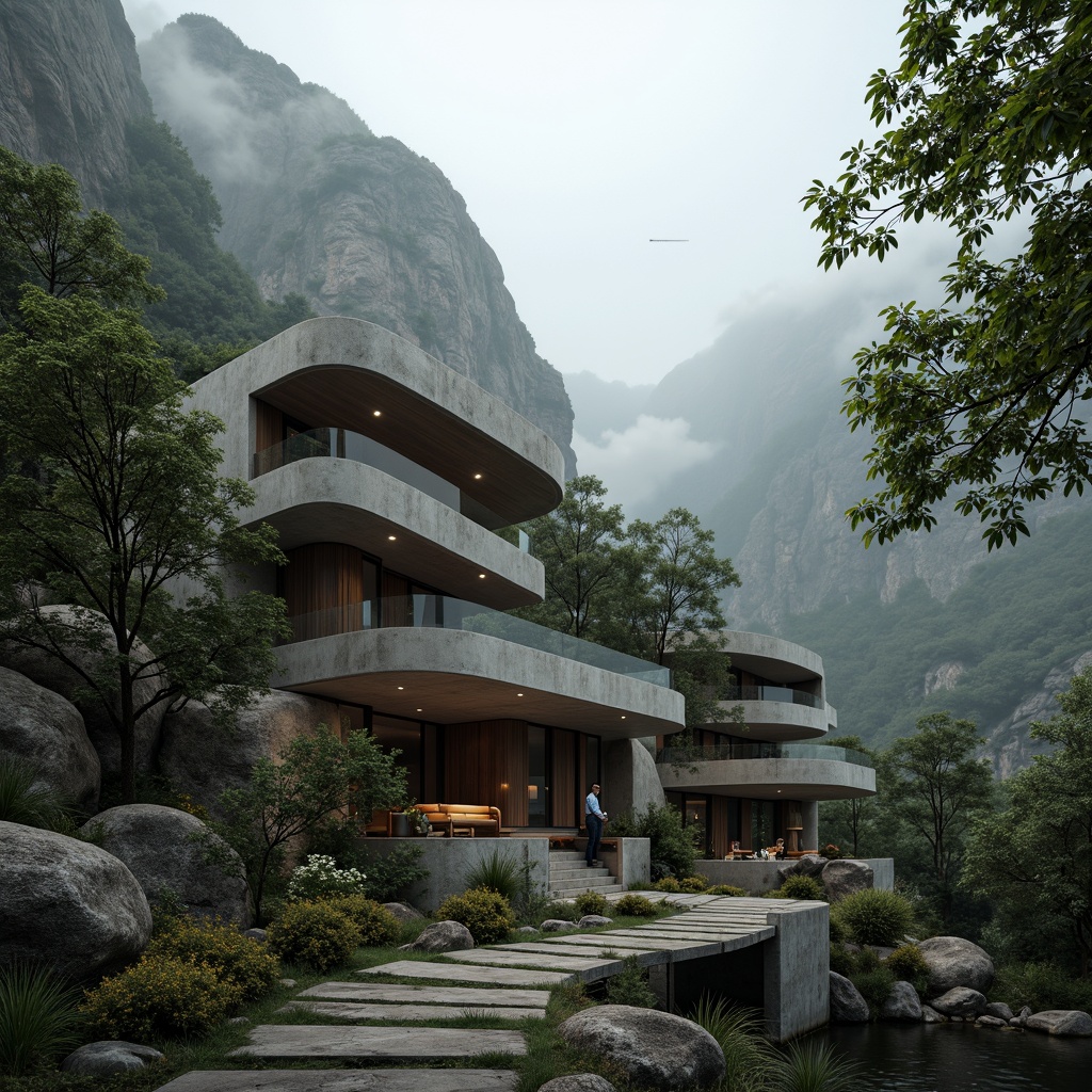 Prompt: Mountainous landscape, rugged rocks, misty atmosphere, verdant trees, curved lines, organic forms, brutalist architecture, raw concrete structures, cantilevered roofs, asymmetrical compositions, earthy tones, natural stone walls, wooden accents, minimalist decor, subtle lighting, dramatic shadows, 1/2 composition, atmospheric perspective, cinematic mood, ambient occlusion.