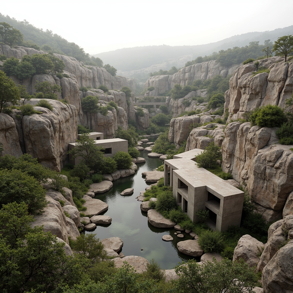 Prompt: Undulating terrain, meandering water features, lush vegetation, fragmented rock formations, weathered stone walls, brutalist architecture, geometric concrete structures, cantilevered overhangs, abstract sculptural elements, dynamic angular lines, juxtaposed volumes, rich textures, earthy color palette, soft natural lighting, misty atmosphere, shallow depth of field, 2/3 composition, wide-angle lens, realistic materials, ambient occlusion.