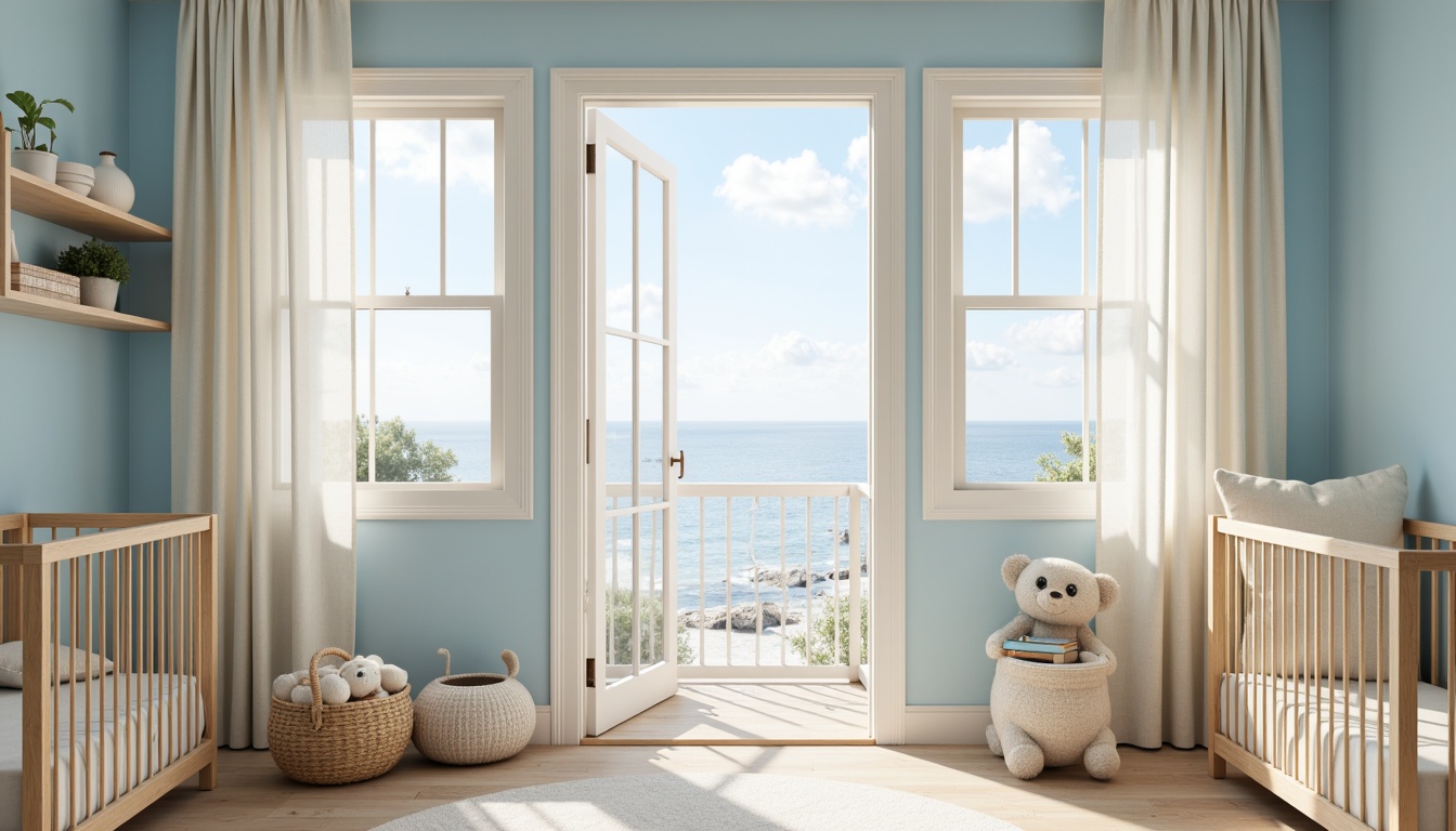 Prompt: \Soothing nursery atmosphere, baby blue accent walls, creamy white trim, warm beige flooring, soft natural light, cozy reading nooks, plush cushions, wooden cribs, delicate lace curtains, gentle ocean views, serene cloudy skies, subtle gradient effects, pastel color scheme, minimalist decor, elegant simplicity, 1/1 composition, soft focus, warm ambient lighting.\