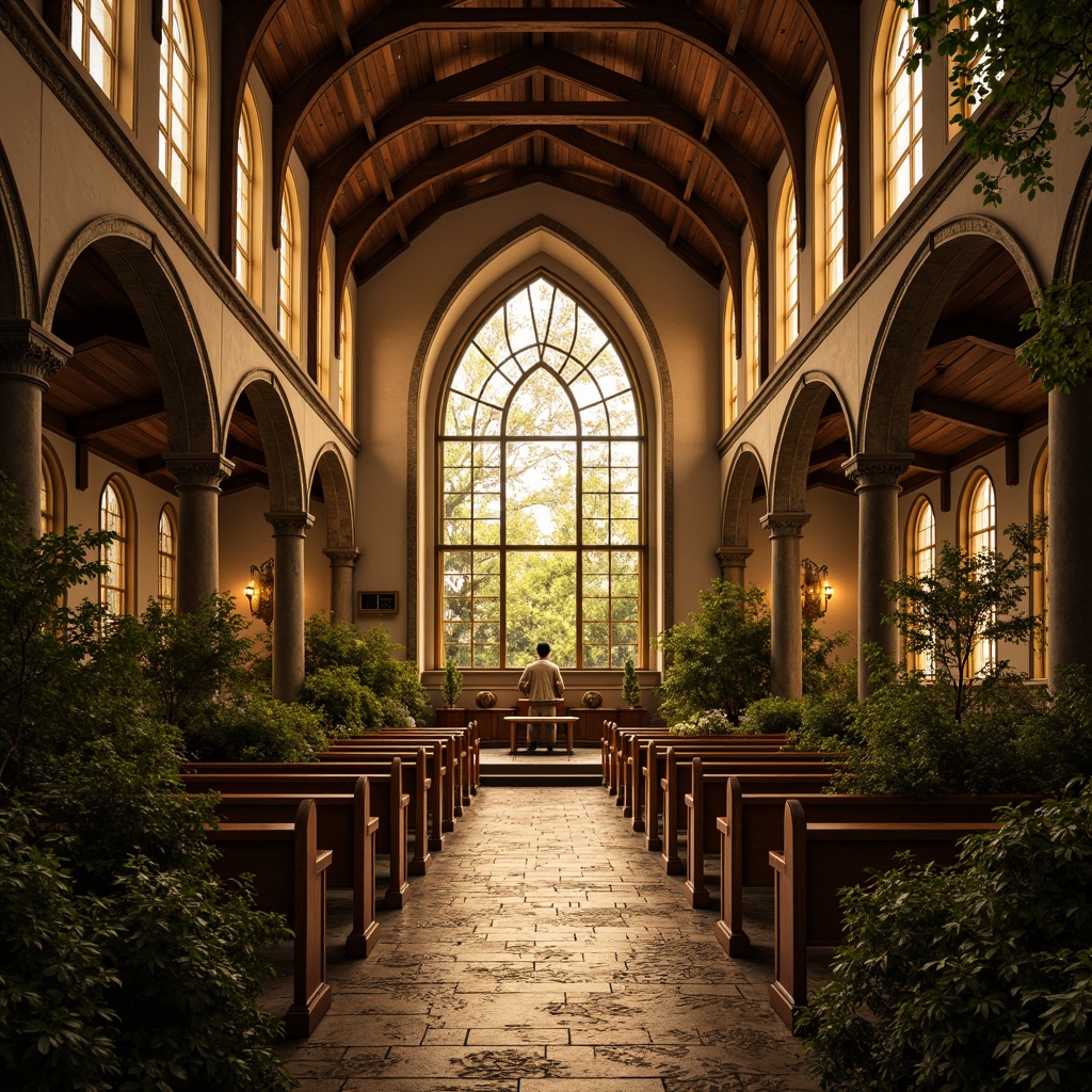 Prompt: Vaulted ceilings, stained glass windows, warm golden lighting, ornate wooden pews, spiritual ambiance, natural stone walls, earthy tones, curvilinear lines, organic forms, botanical patterns, lush greenery, tranquil atmosphere, soft diffused light, shallow depth of field, 1/1 composition, panoramic view, realistic textures, ambient occlusion.