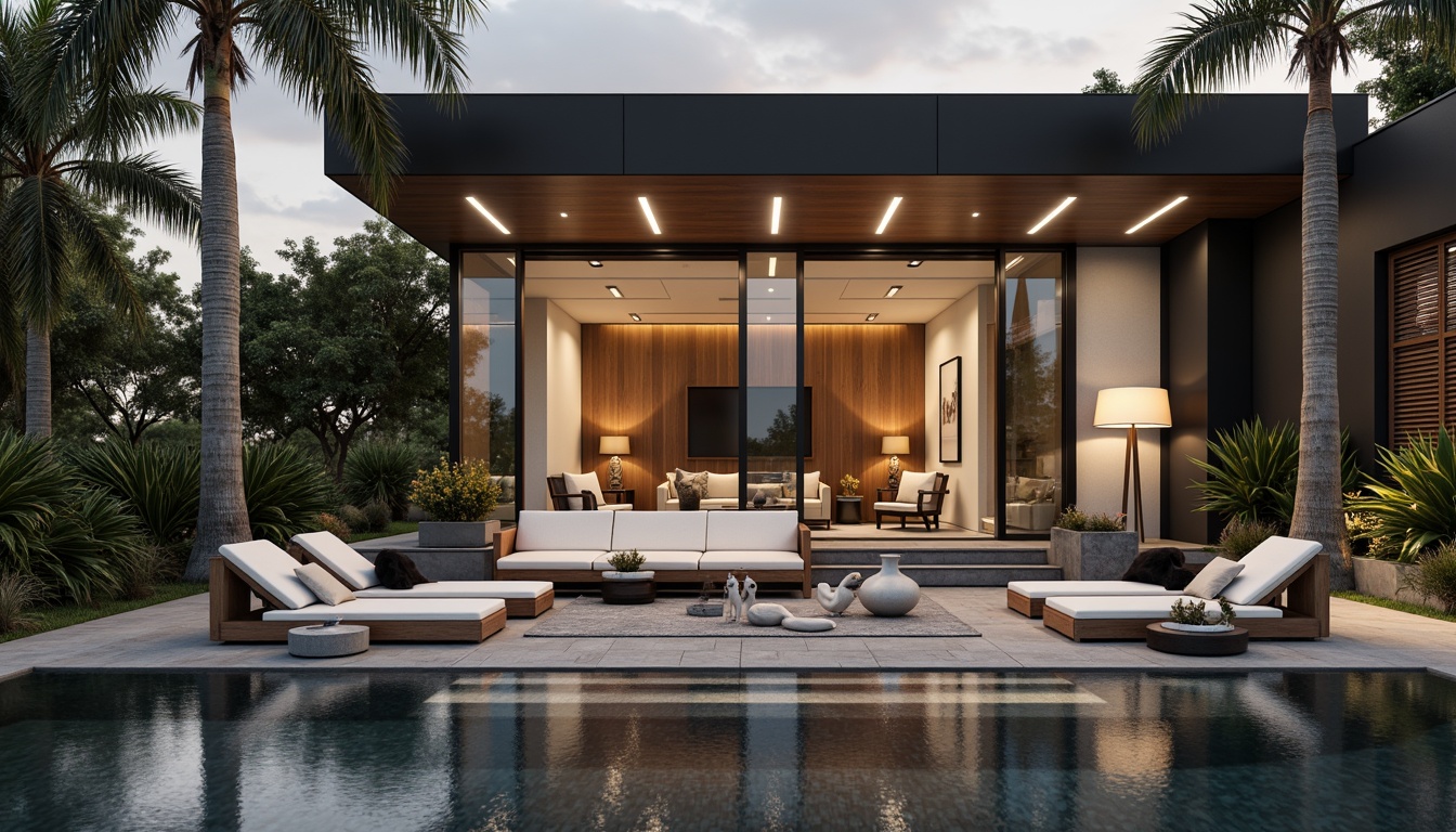 Prompt: Luxurious modern villa, granite exterior walls, sleek silver doors, polished chrome hardware, lavish interior spaces, high-gloss floors, sophisticated furniture pieces, ambient warm lighting, shallow depth of field, 1/2 composition, realistic textures, subtle reflections.