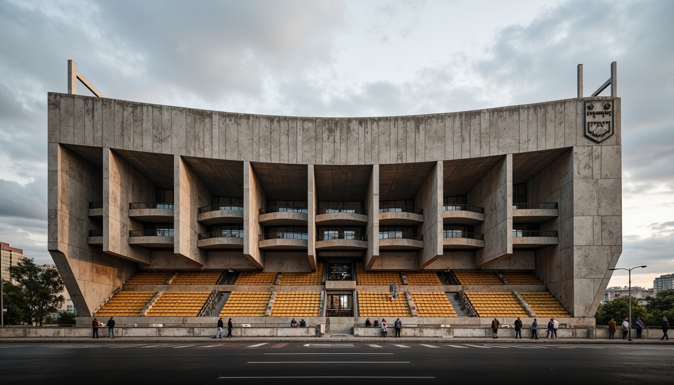 Prompt: Exposed concrete stadium fa\u00e7ade, brutalist architecture, raw textured finishes, industrial aesthetic, cantilevered seating areas, dramatic overhangs, angular lines, functional design, urban landscape, cloudy sky, warm golden lighting, high contrast ratio, 1/2 composition, wide-angle lens, realistic material textures, ambient occlusion.