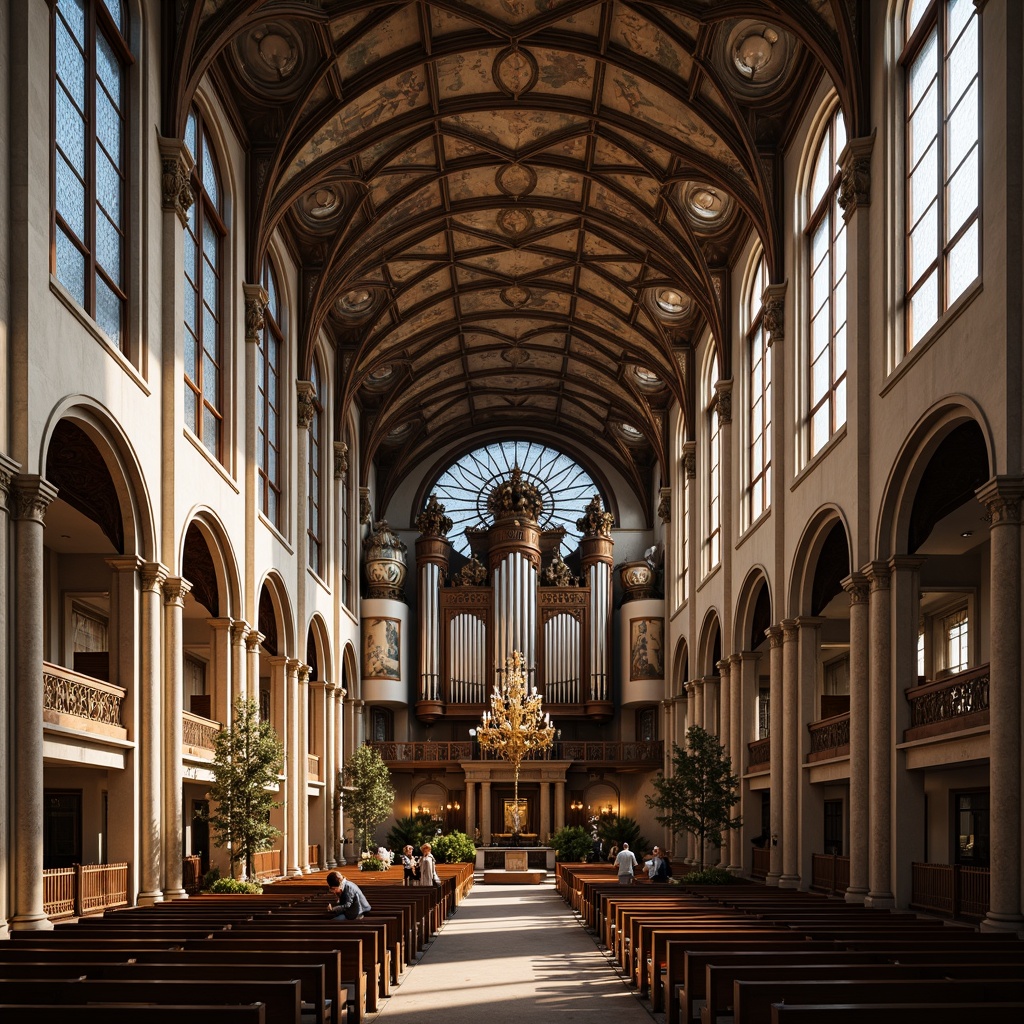 Prompt: Vaulted ceiling, grandiose chandeliers, stained glass windows, ornate stone carvings, rich wooden pews, intricate frescoes, dramatic archways, majestic pipe organs, soft warm natural lighting, diffused sunlight, subtle shadows, atmospheric ambiance, 1/1 composition, high contrast ratio, realistic textures, ambient occlusion.