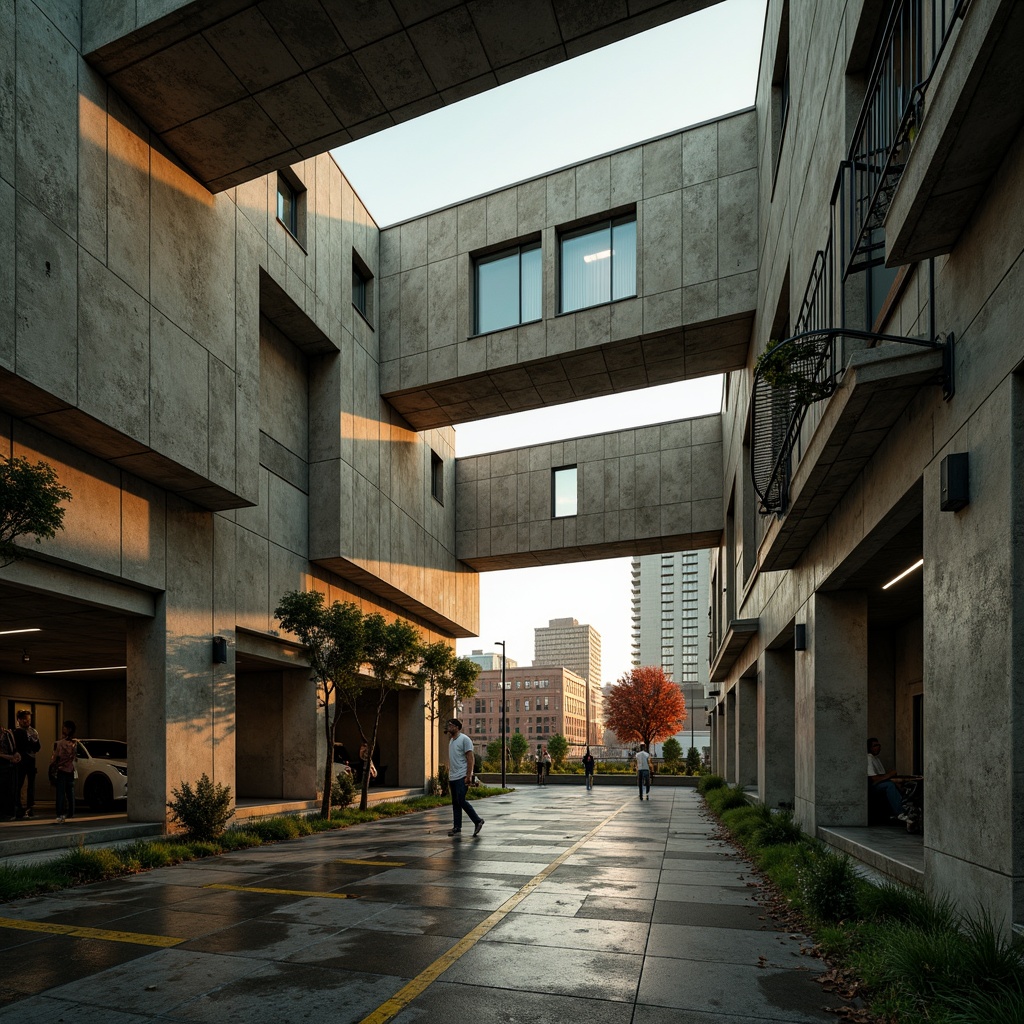 Prompt: Rugged brutalist stadium, concrete structure, industrial textures, bold geometric shapes, weathered metal accents, earthy color palette, muted greens, rusty reds, worn blues, rough stone walls, exposed ductwork, functional architecture, dramatic lighting effects, high-contrast shadows, cinematic atmosphere, 1-point perspective, low-angle shot, warm golden hour lighting, detailed 3D model, realistic rendering.