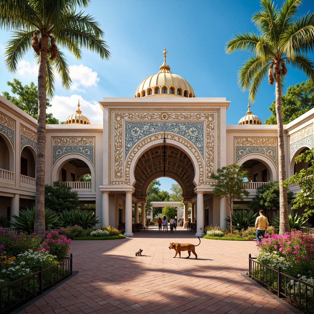 Prompt: Intricate zoo entrance, Byzantine-style arches, ornate stone carvings, vibrant mosaic patterns, golden domes, majestic lions, playful monkeys, tropical palm trees, exotic flowers, warm sunny day, soft natural lighting, shallow depth of field, 1/2 composition, symmetrical framing, realistic textures, ambient occlusion.Let me know if you need any adjustments!