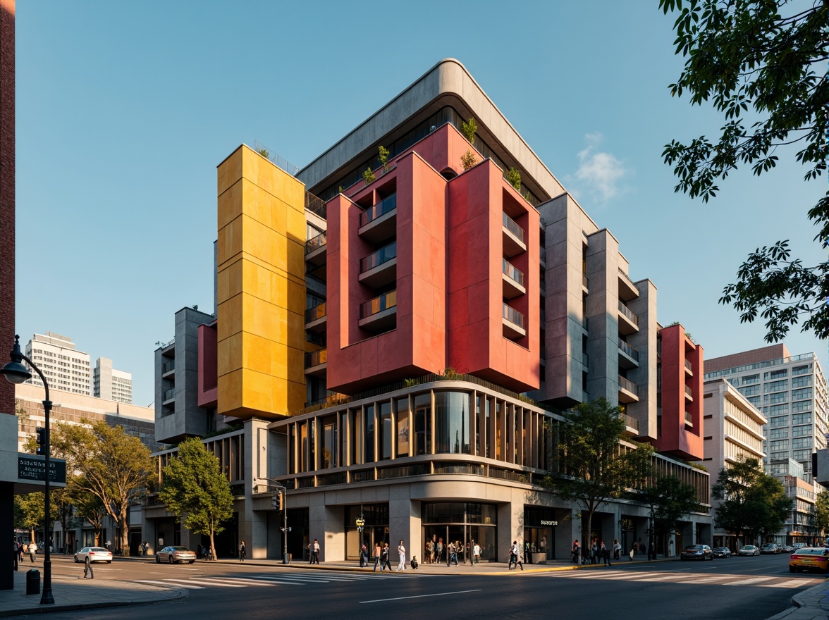 Prompt: Monumental constructivist building, bold geometric shapes, industrial materials, exposed concrete, metallic structures, dynamic angular lines, vibrant primary colors, urban cityscape, morning sunlight, high-contrast lighting, dramatic shadows, deep depth of field, 1/2 composition, low-angle shot, cinematic atmosphere, realistic textures, ambient occlusion.