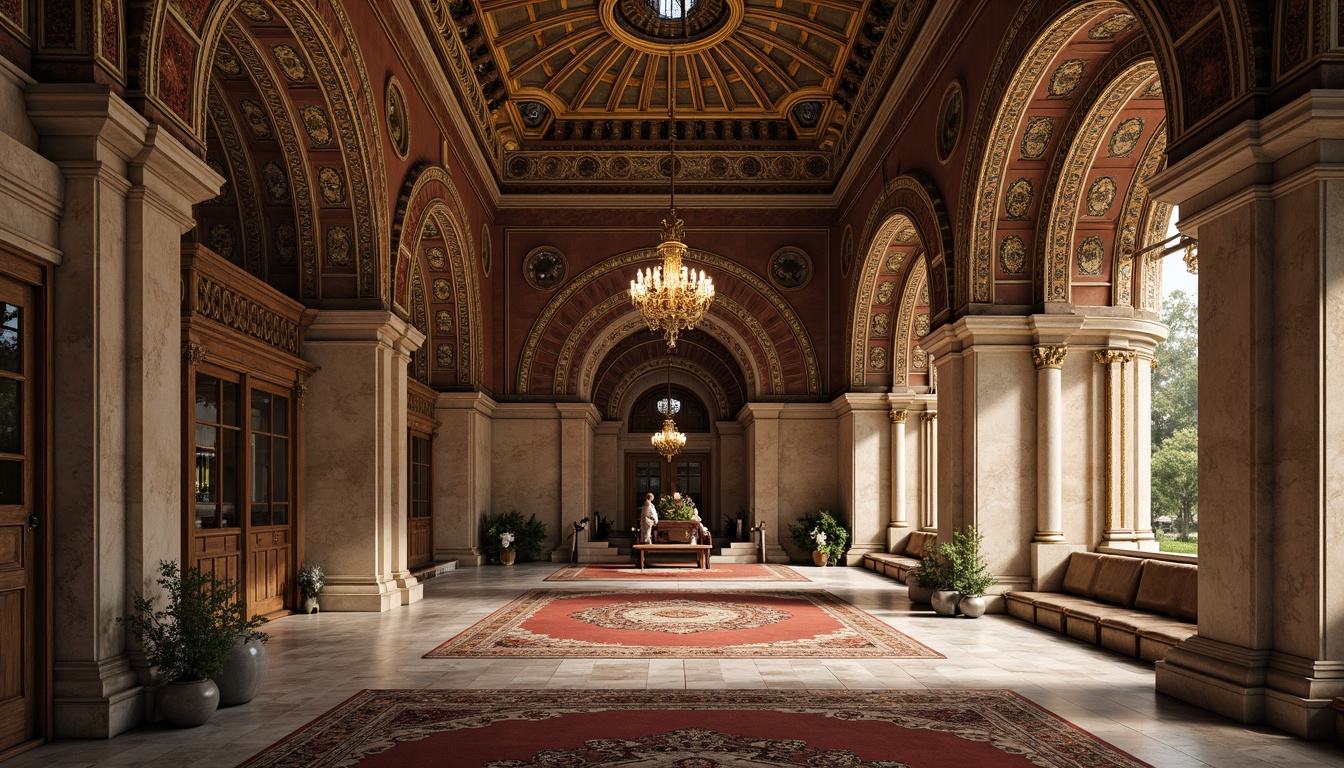 Prompt: Intricate mosaics, golden domes, ornate stone carvings, rustic brick walls, vibrant frescoes, polished marble floors, ornamental archways, lavish textiles, richly patterned rugs, majestic columns, grandiose vaulted ceilings, warm candlelight, soft diffused lighting, 1/1 composition, symmetrical framing, realistic reflections, ambient occlusion.