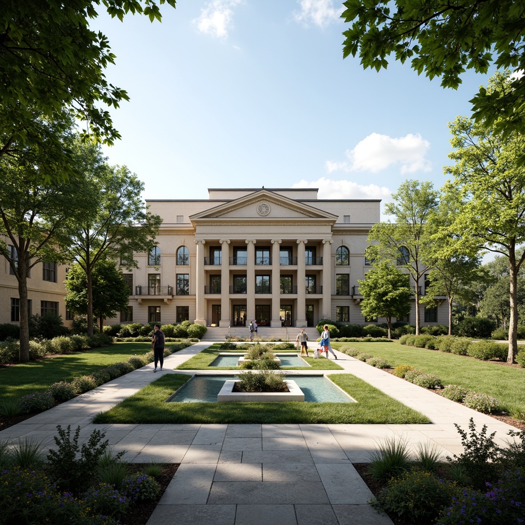 Prompt: Grandiose courthouse building, neoclassical architecture, ornate facades, monumental columns, sprawling green lawns, walking paths, mature trees, vibrant flowerbeds, serene water features, natural stone walls, elegant fountains, modern LED lighting, shallow depth of field, 1/2 composition, symmetrical view, realistic textures, ambient occlusion, warm sunny day, soft gentle breeze.