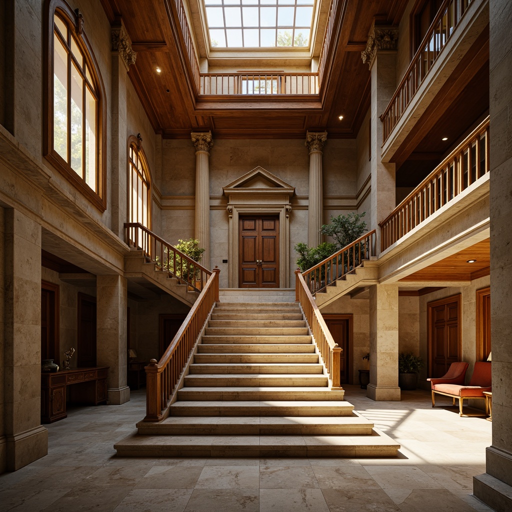 Prompt: Historic courthouse, neoclassical architecture, ornate details, grand staircase, marble columns, rich wood tones, solemn atmosphere, natural stone walls, muted earthy colors, beige granite, weathered bronze accents, warm golden lighting, subtle texture overlays, shallow depth of field, 1/2 composition, realistic render, ambient occlusion.