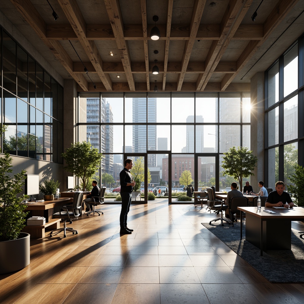 Prompt: Contemporary office building, open floor plan, collaborative workspaces, minimalist decor, sleek metal furniture, ergonomic chairs, natural light pouring in, glass partitions, wooden accents, urban cityscape views, bustling streets, morning sunlight, soft warm lighting, shallow depth of field, 3/4 composition, realistic textures, ambient occlusion.